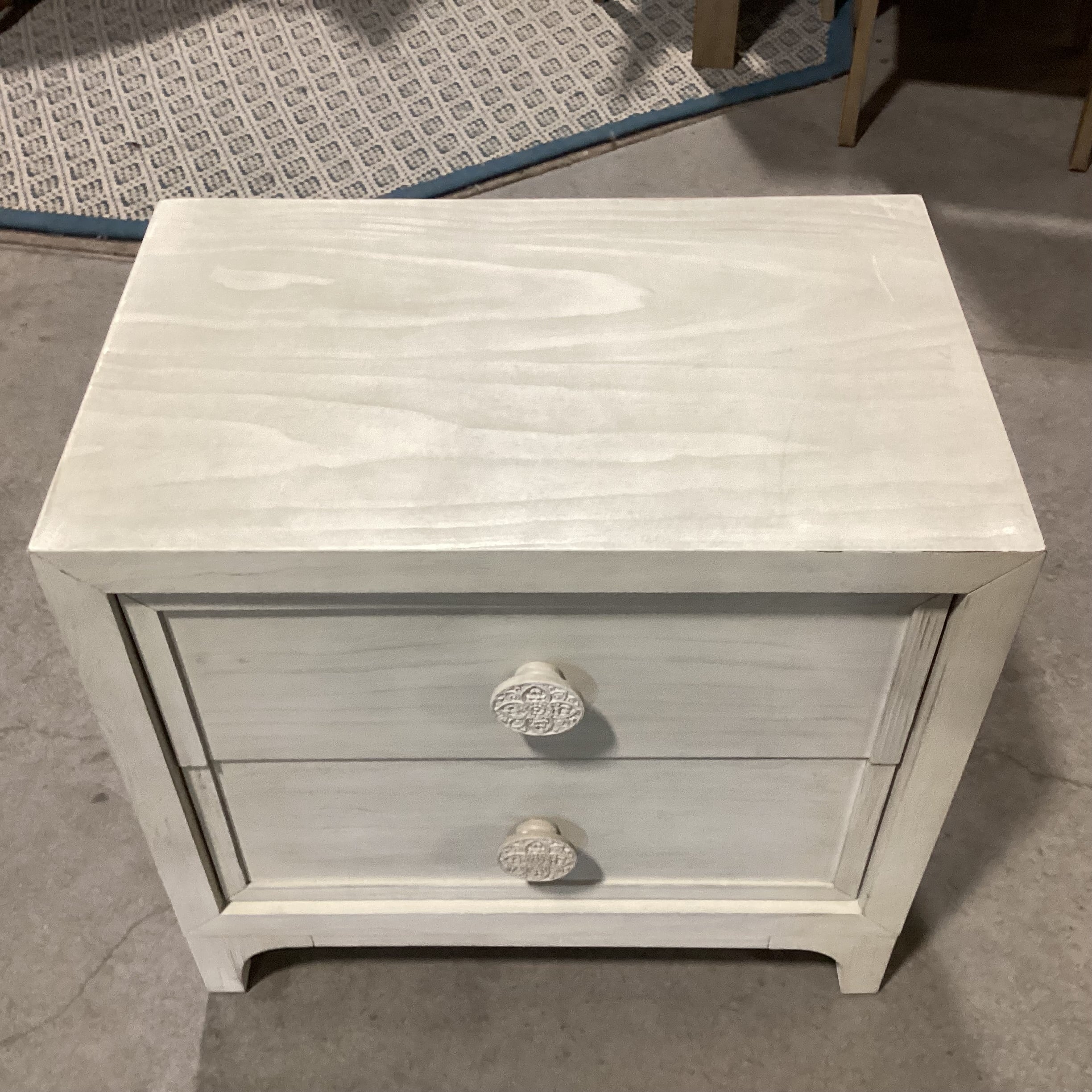 Bohemia White Washed Wood with Carved Mandala Pulls 2 Drawer Nightstand 28"x 18"x 27"