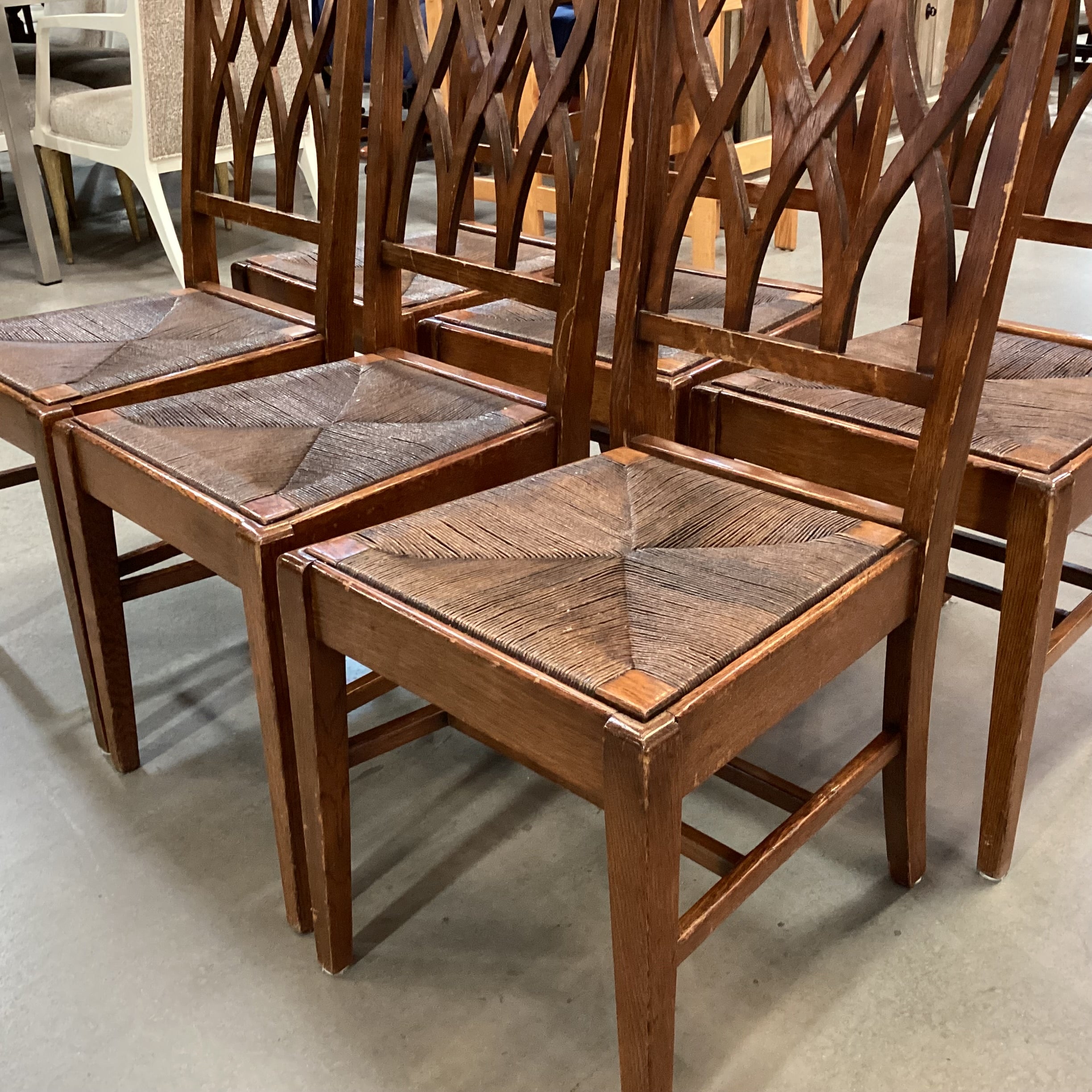 SET of 6 Vintage Antique Lattice Back & Rush Seat Dining Chairs 17"x 20"x 38"