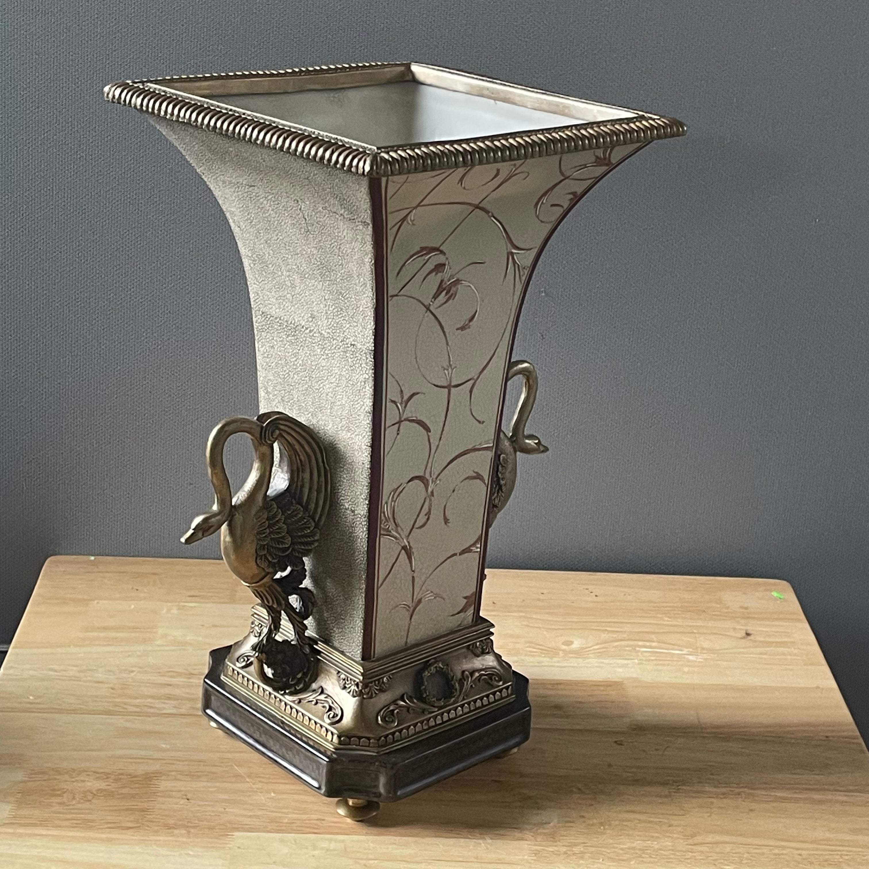 Castilian Imports Enamel Decorated Crackle Glazed Porcelain with Brass Swans on Footed Vase/Plinth, 12"x 9.5"x 17"