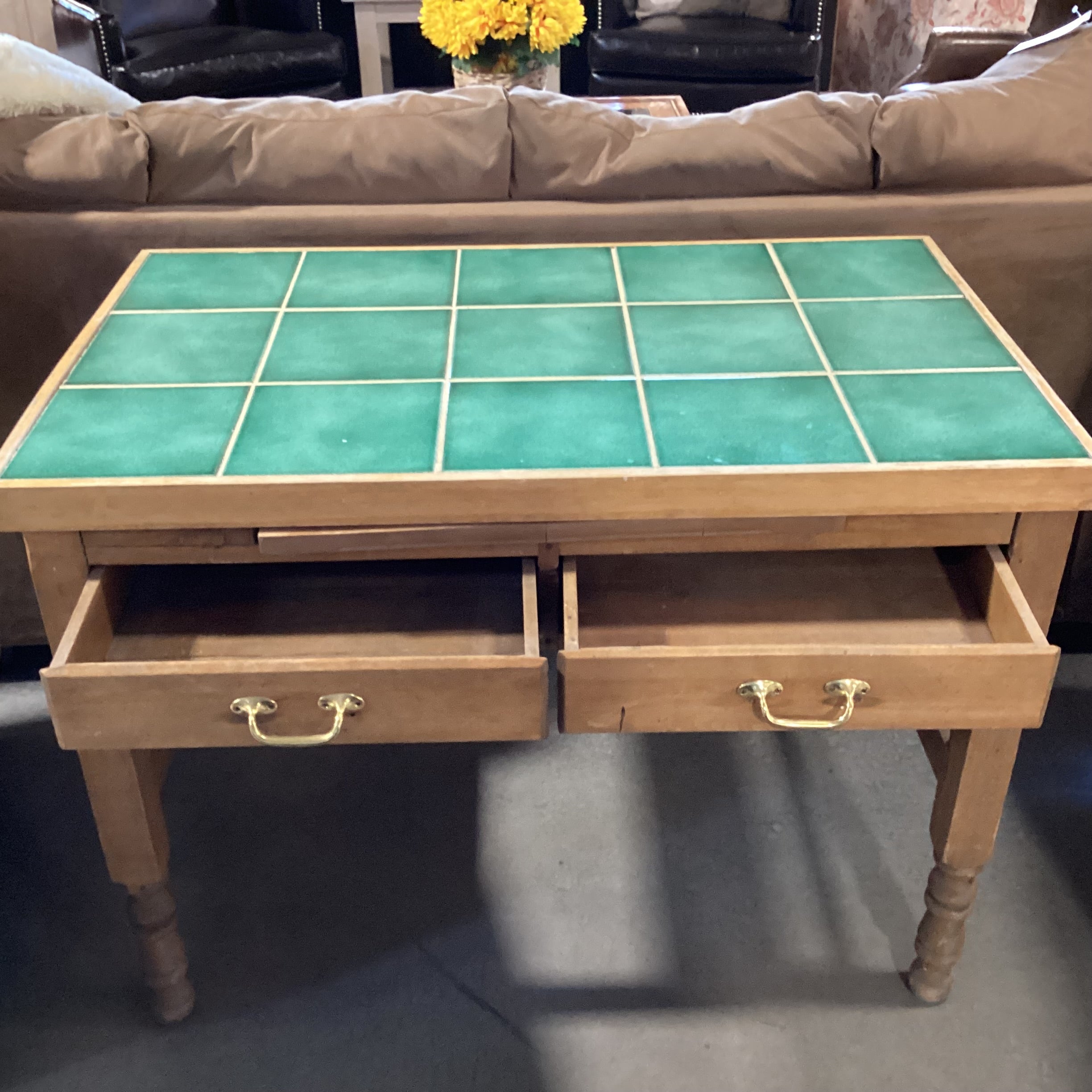 Vintage Natural Wood with Green Tile Inset Top 2 Drawer Kitchen Island Table 41.5"x 25.5"x 30.5"