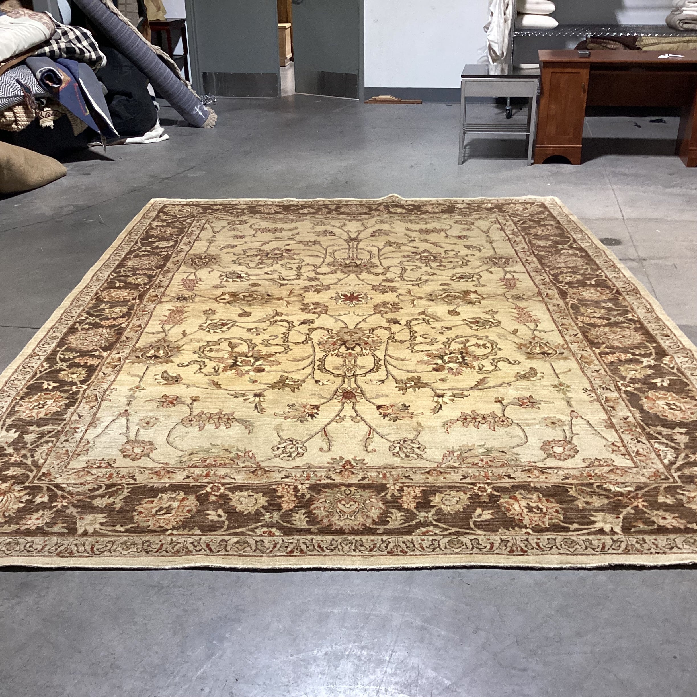 Cream Brown Rust Floral with Border Hand Woven Wool Rug 8'10"x 12'