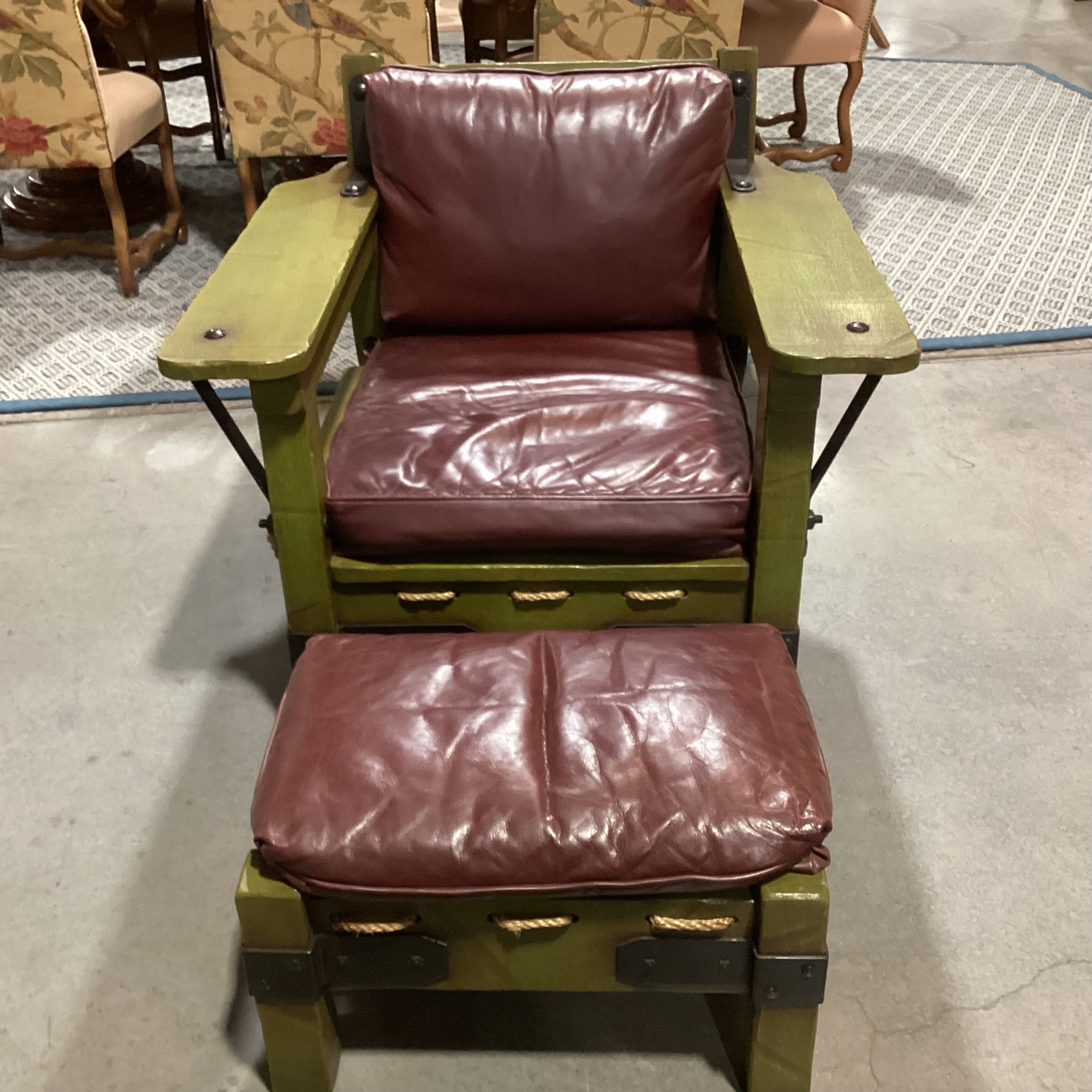 Art in Fine Forms Custom Spanish Green Alder Iron & Rope Leather Cushions with Ottoman Chair 35"x 36" 31"