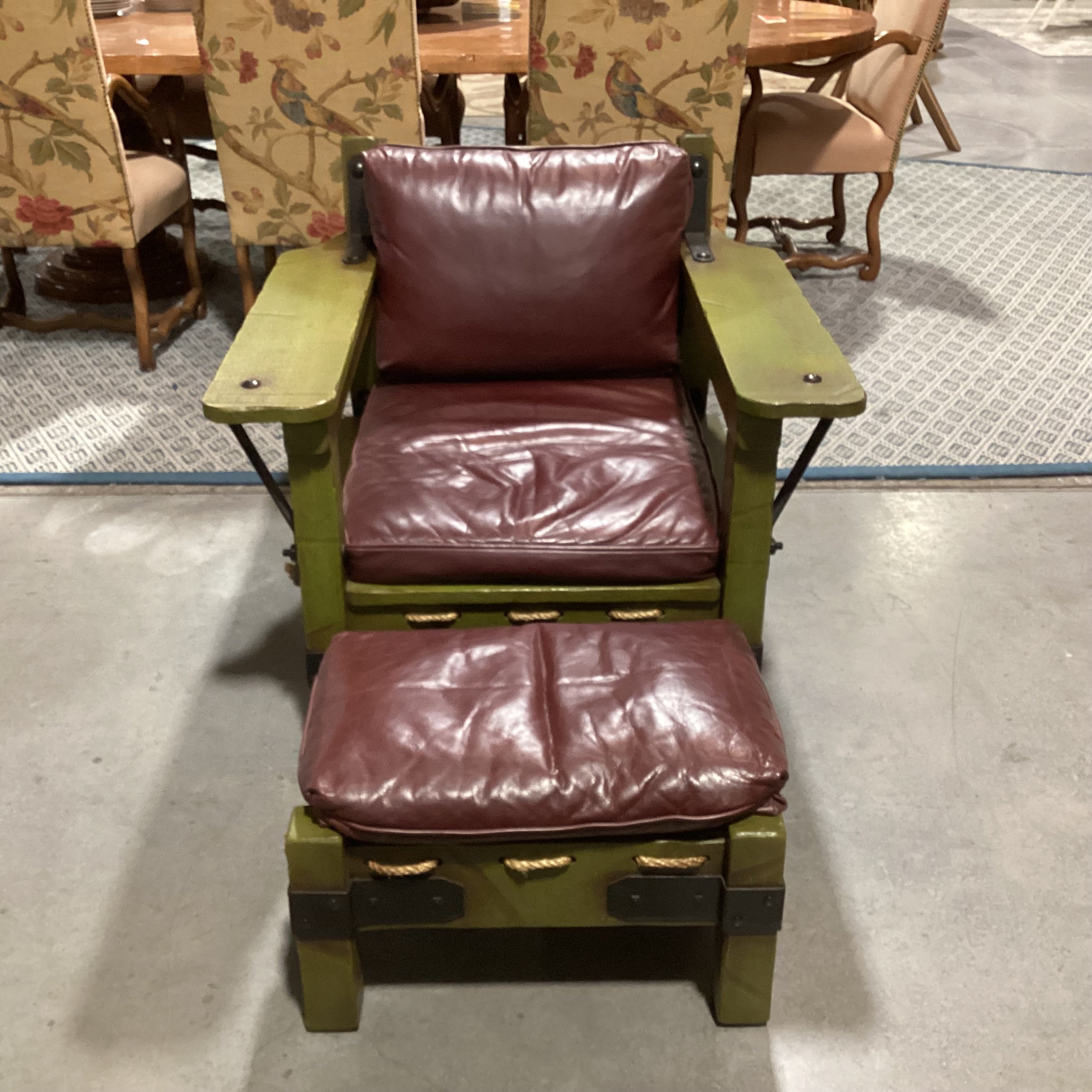 Art in Fine Forms Custom Spanish Green Alder Iron & Rope Leather Cushions with Ottoman Chair 35"x 36" 31"