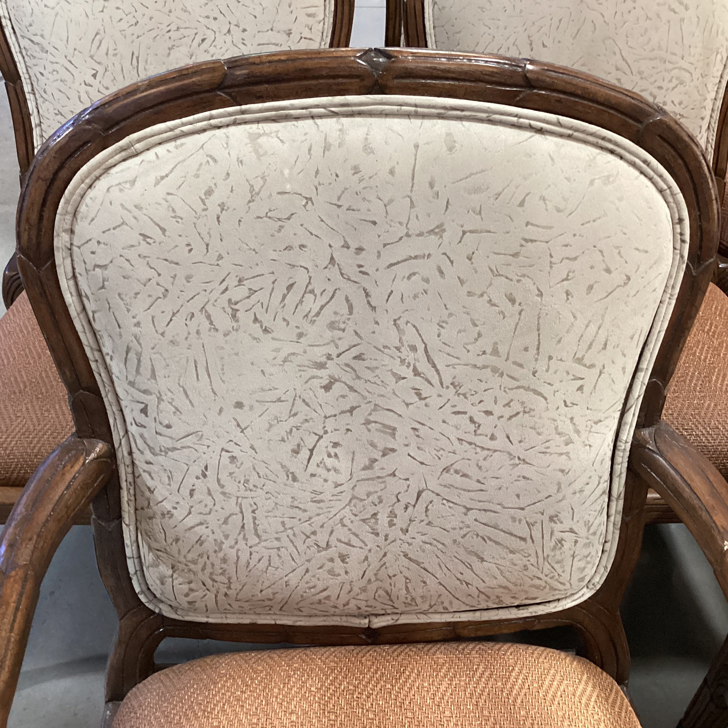 SET of 8 Ornate Carved Wood with Leather  Woven Seat & Suede Back Dining Chairs 24"x 22"x 40"