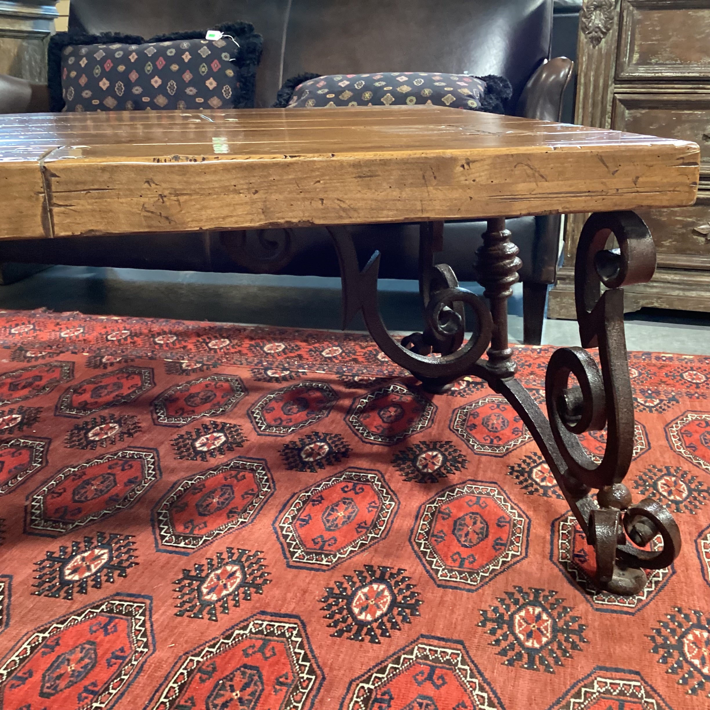 Rustic Distressed Solid Plank & Ornate Iron Coffee Table 54"x 32"x 21.5"