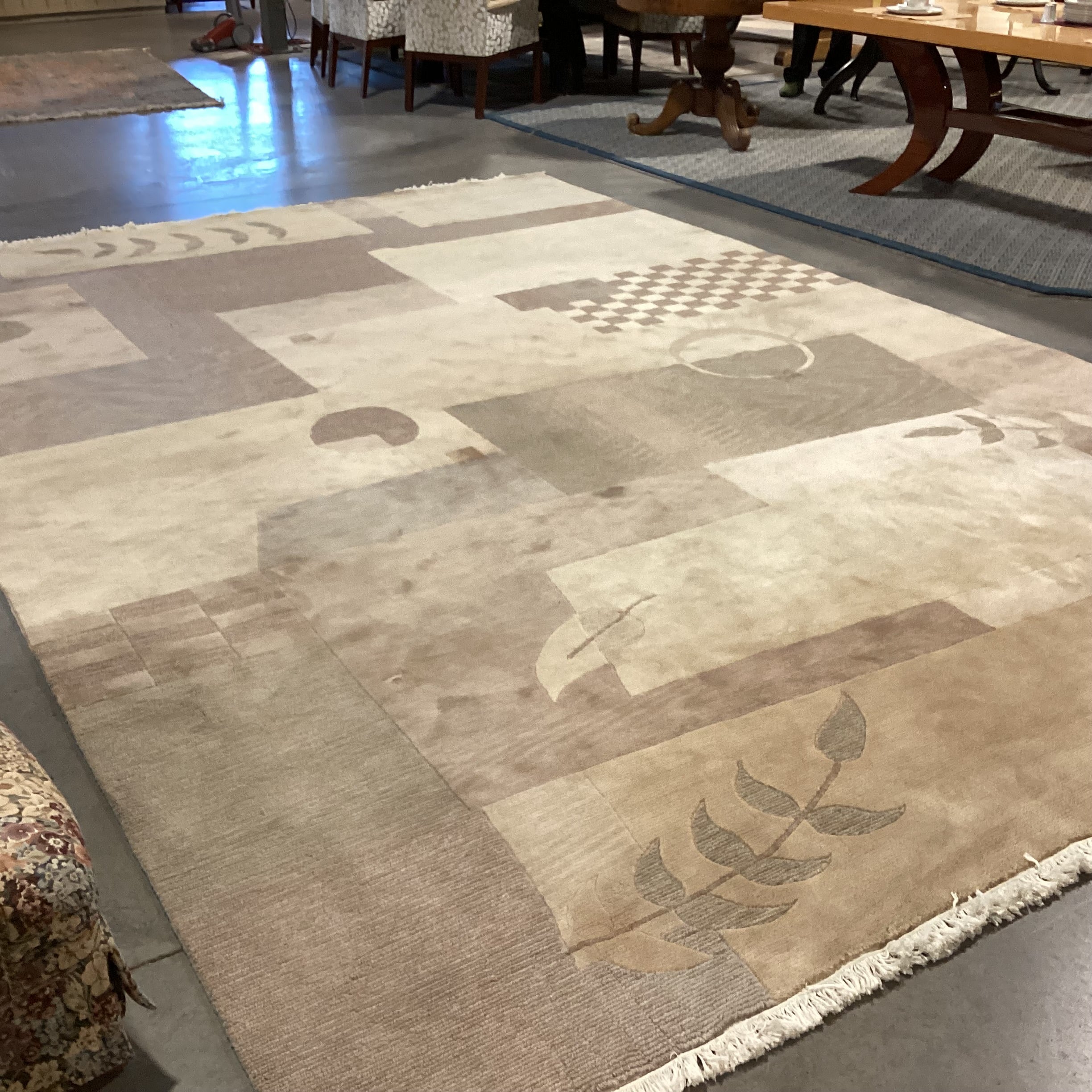 Cream Beige Tan Taupe Modern with Leaf Design Hand Woven Wool Rug 10’ x 15’4”