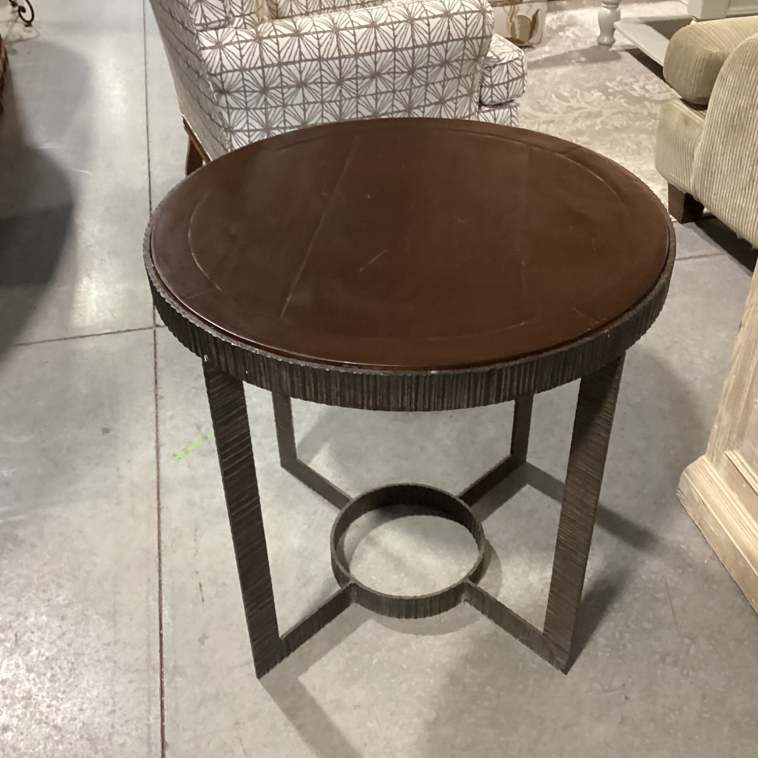 Round Wood & Texture Ribbed Iron Accent Table 28" Diameter x 28"
