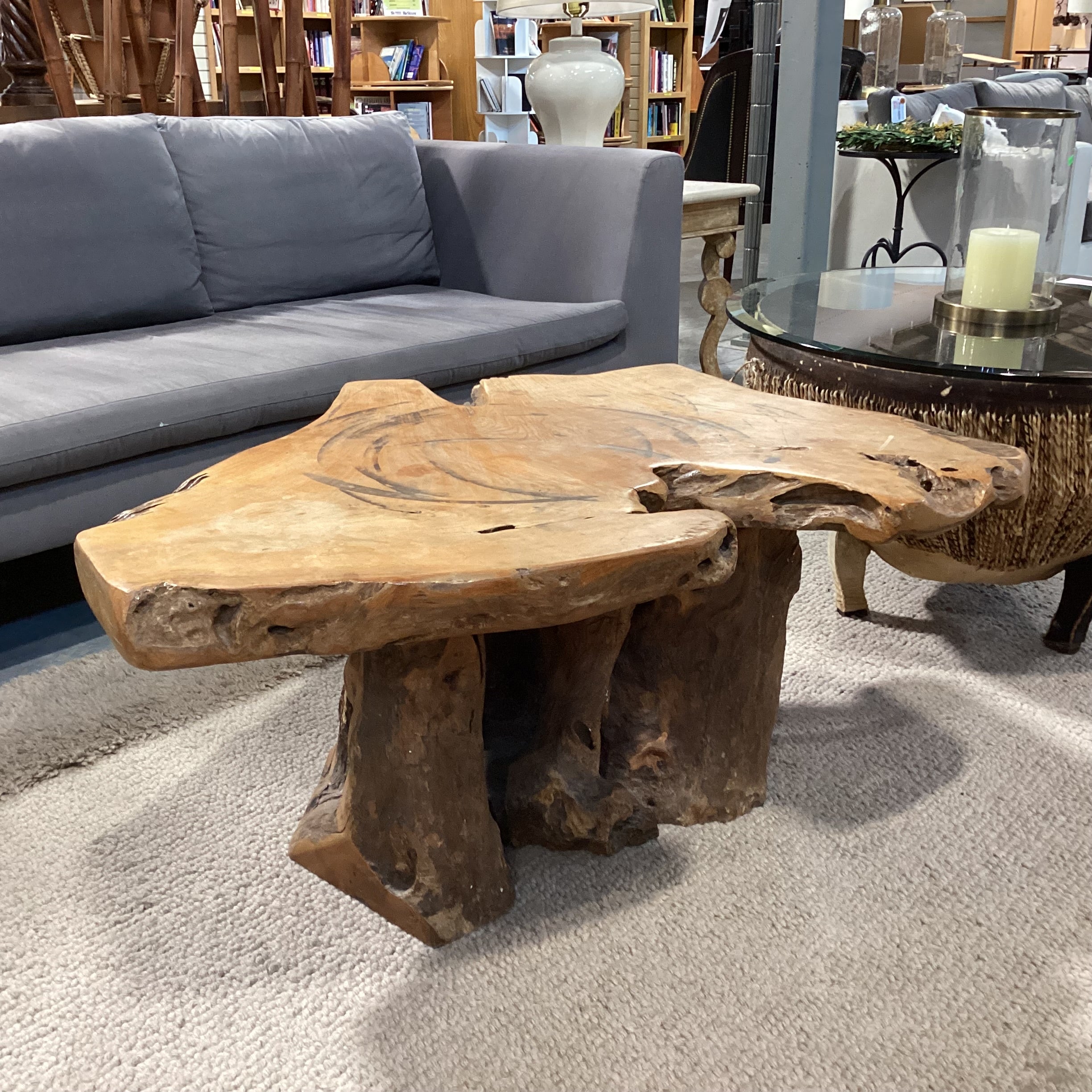 Vintage Root Stump & Live Edge Slab Coffee Table 42"x 34"x 18.5"