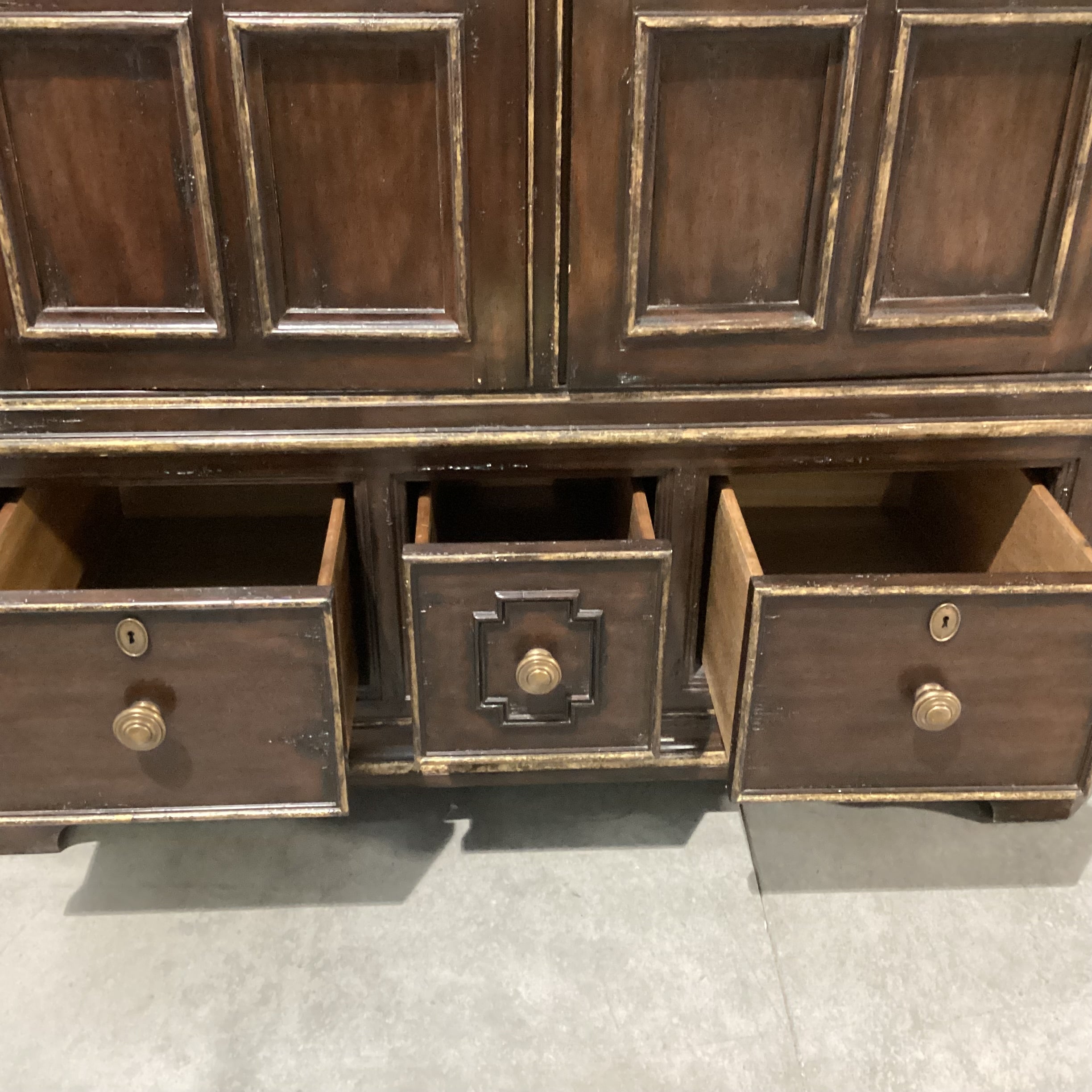 Marge Carson Dark Distressed with Brushed Gold Carved Wood Brass Pulls 5 Drawer 2 Door Wardrobe Armoire 64"x 32"x 94"