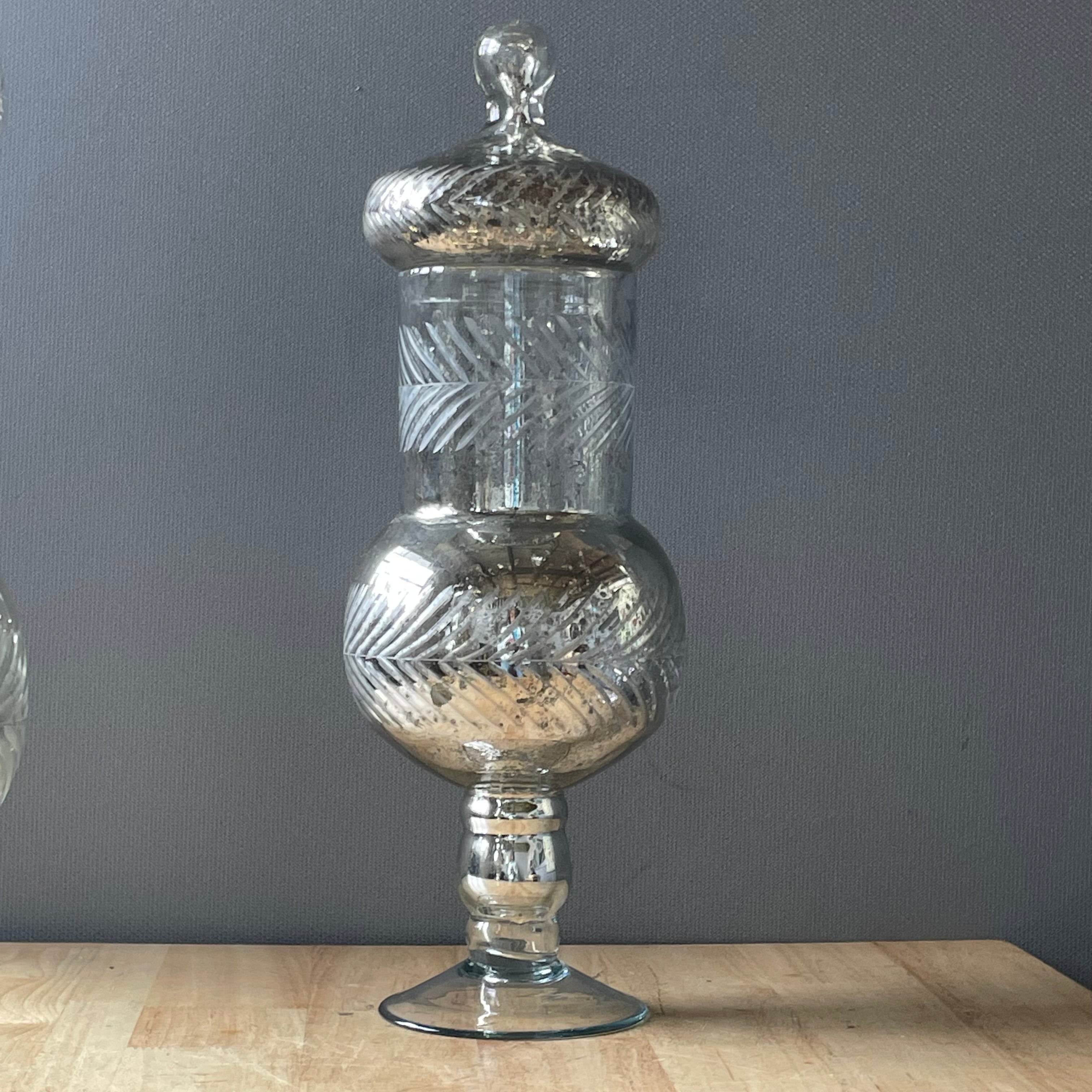 Set of 2 Decorative Etched Mercury Glass Apothecary Jars, 6"x 17" Each