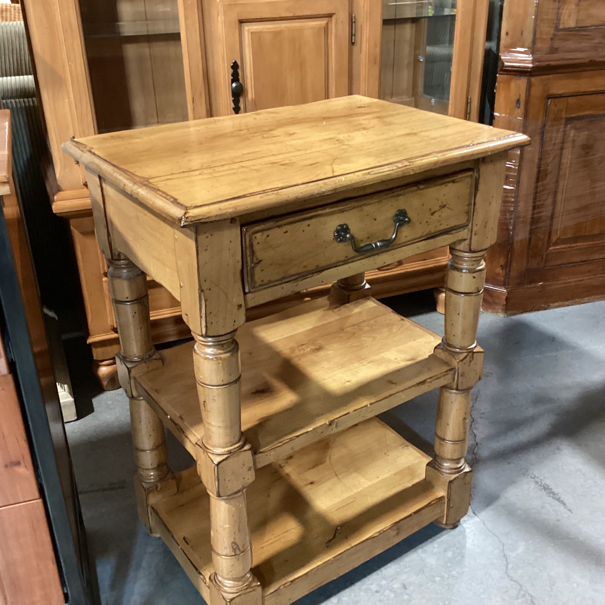 Golden Distressed Carved Wood 3 Tiered 1 Drawer End Table 25"x 18"x 33"