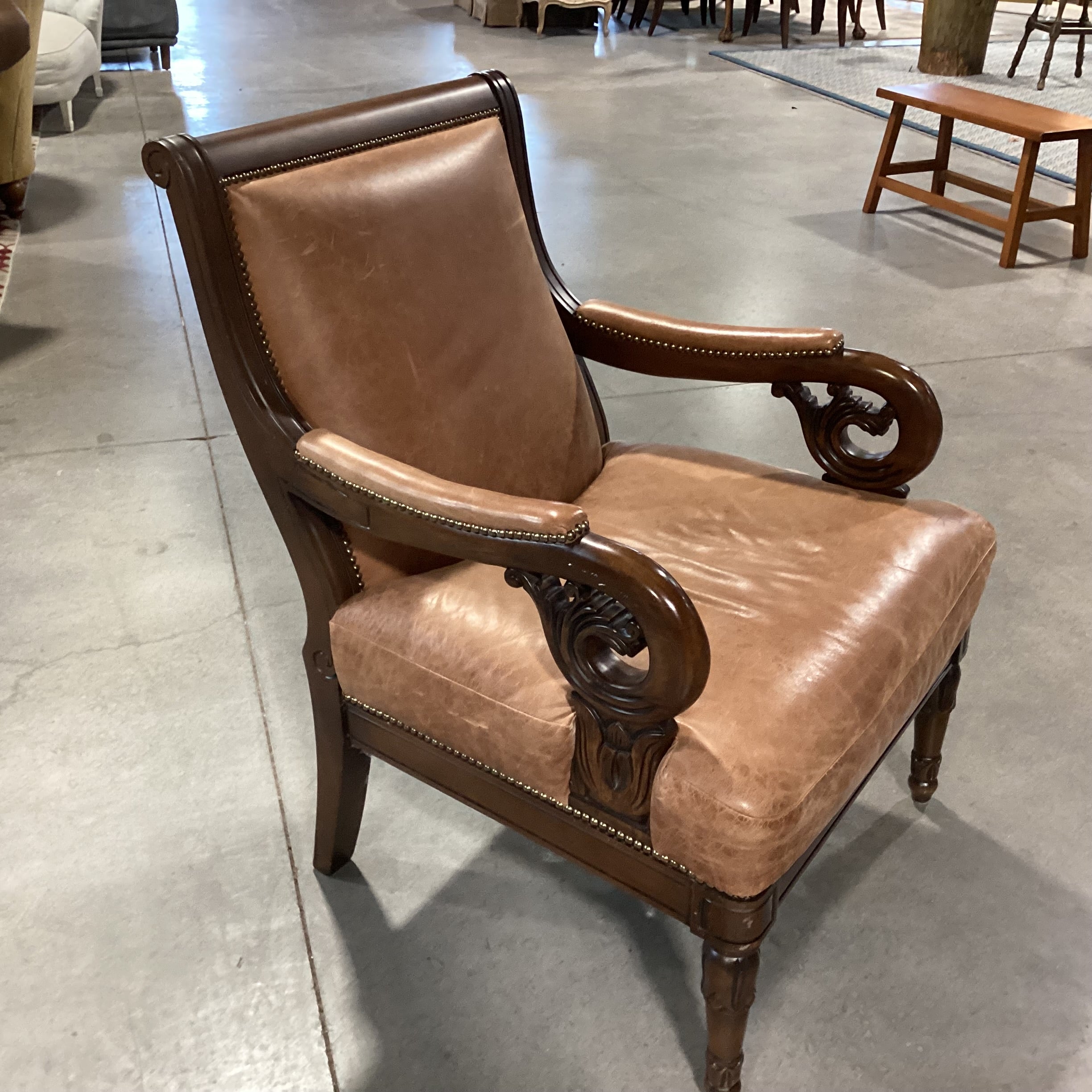 Carved Scroll Arm & Leather Nailhead Chair 29"x 33"x 39"