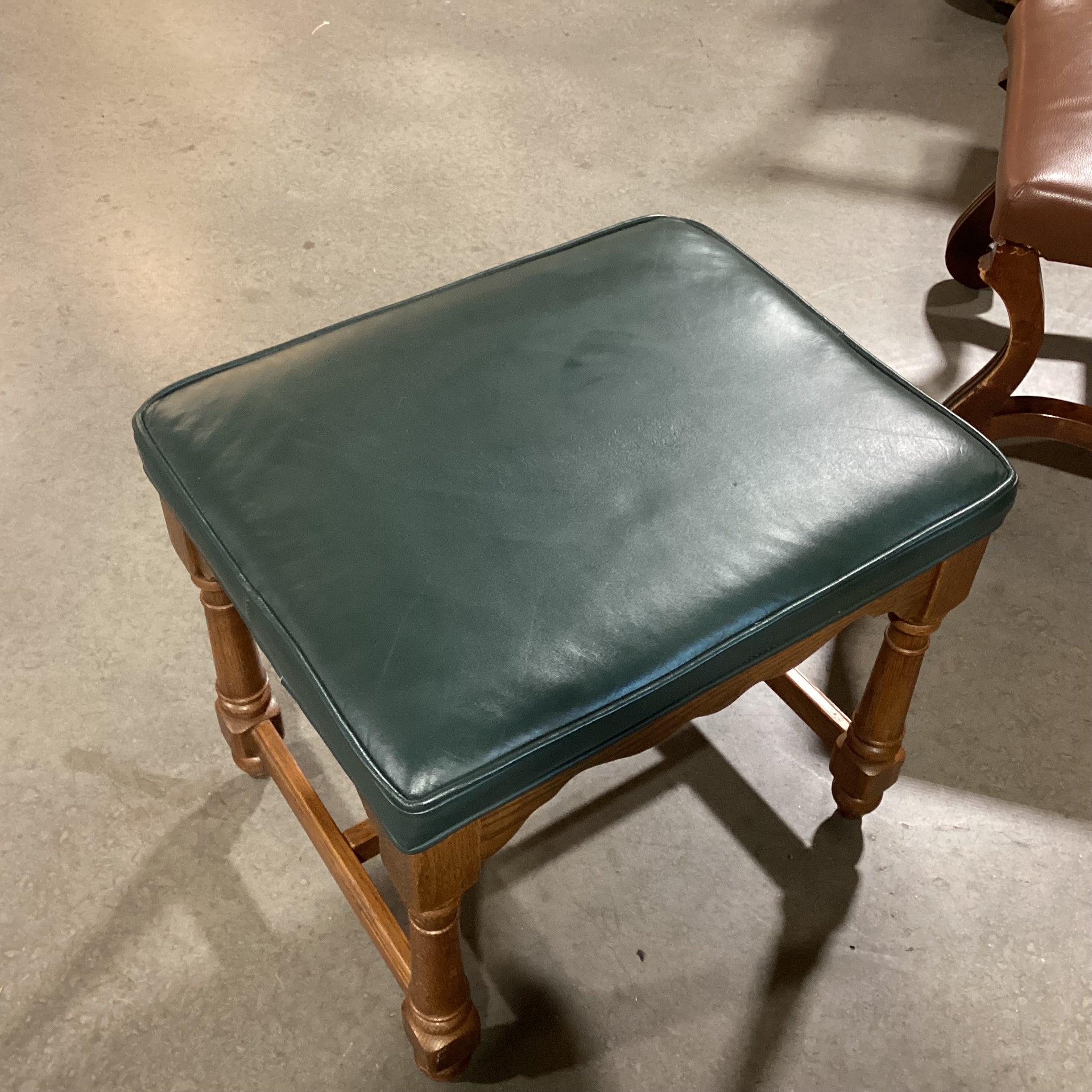 Forest Green Leather & Carved Wood Stool Ottoman 21"x 17"x 18.5"