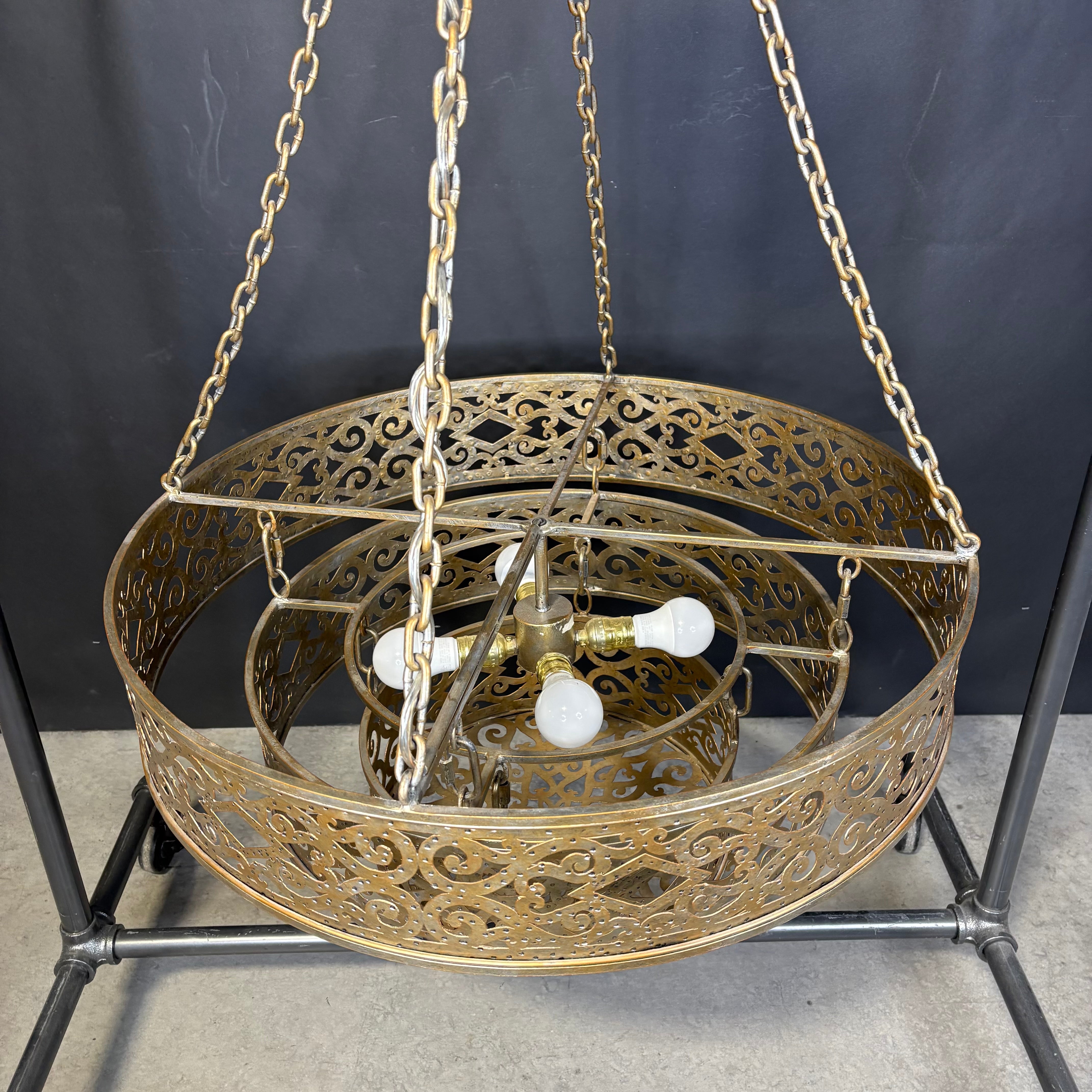 Horchow Moroccan Style 4-Light Tiered Gold Painted Ornate Pierced Metal Chandelier 30” Diameter x 45”