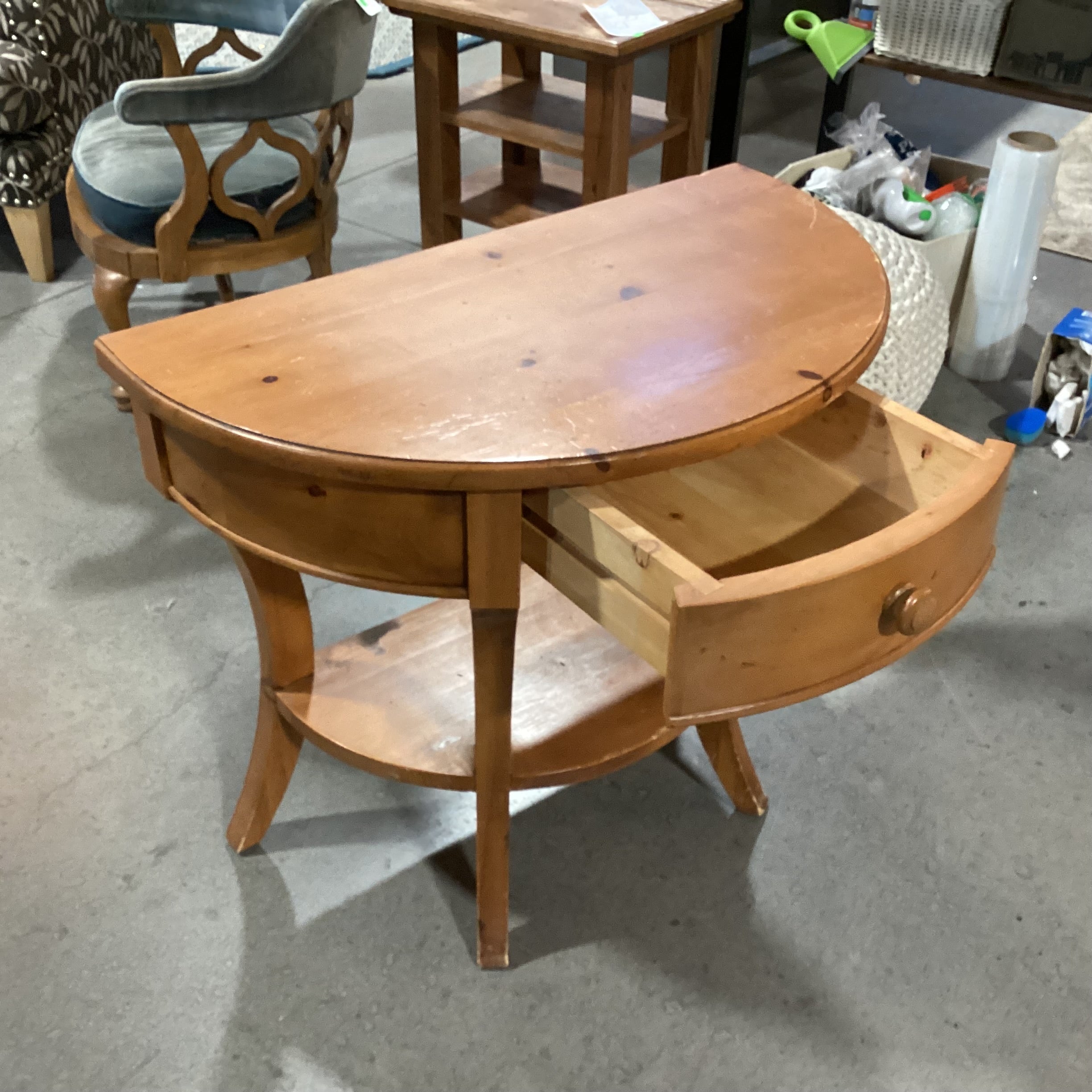 Brownwood Furniture Light Finished Distressed Pine Halfmoon 1 Drawer Accent Table 32.5"x 18.5"x 28"