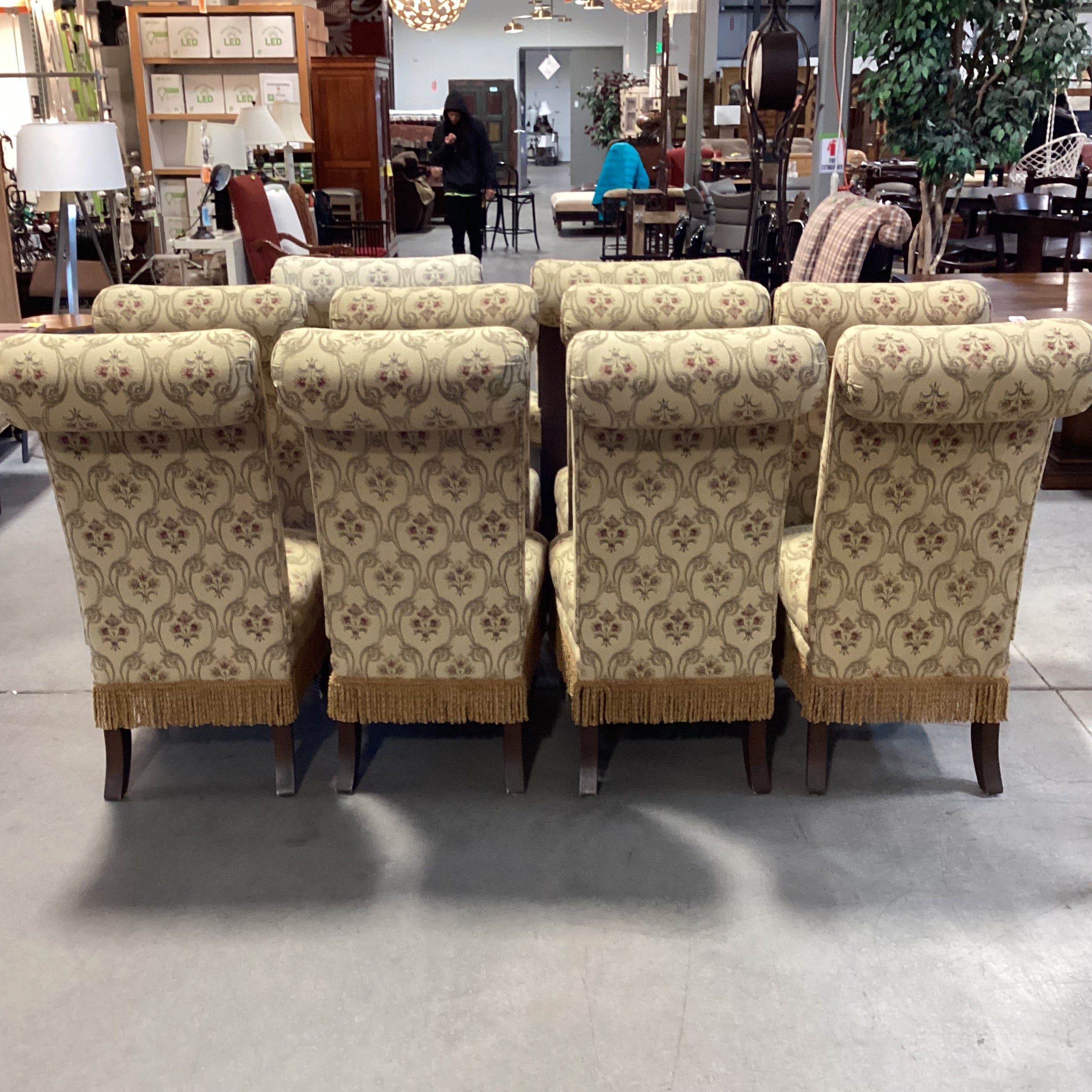 SET of 10 Custom Gold with Ornate Red Floral Leather & Fringe Roll Arm Back Dining Chairs 23"x 30"x 46"