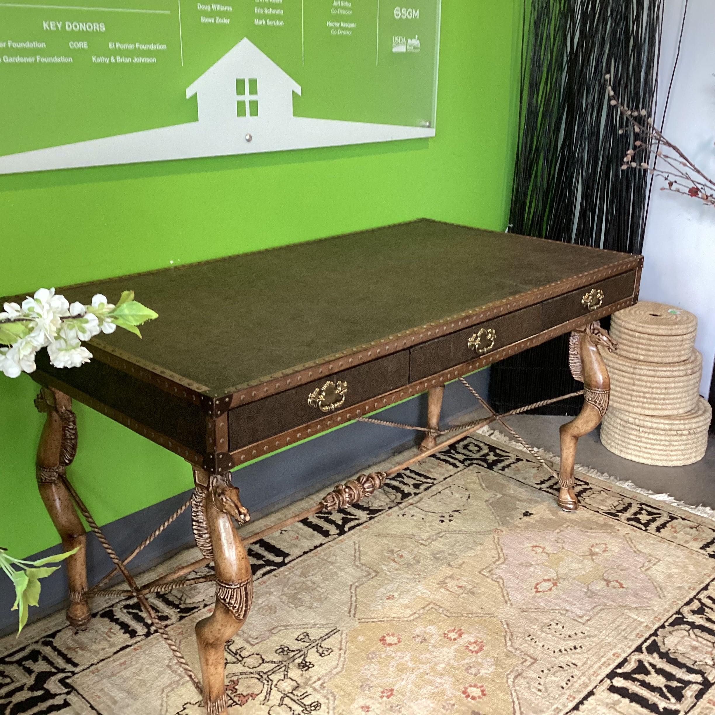 Maitland Smith Carved Horse Iron & Embossed Leather Nailhead 3 Drawer Desk 57.5"x 30.5"x 32"