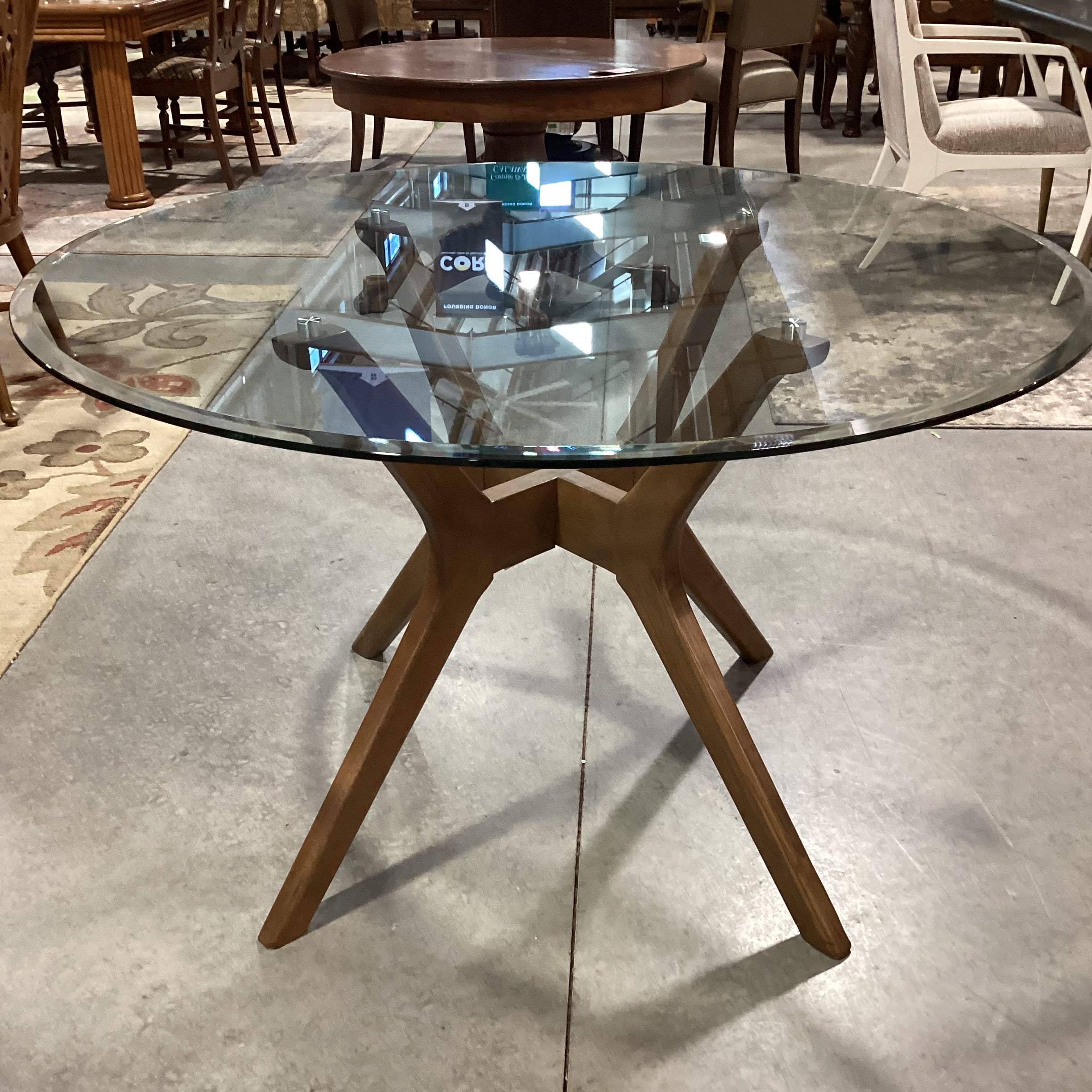 Mid Century Style Round Glass & Wood 4 Leg Pedestal Dining Table 48" Diameter x 30"