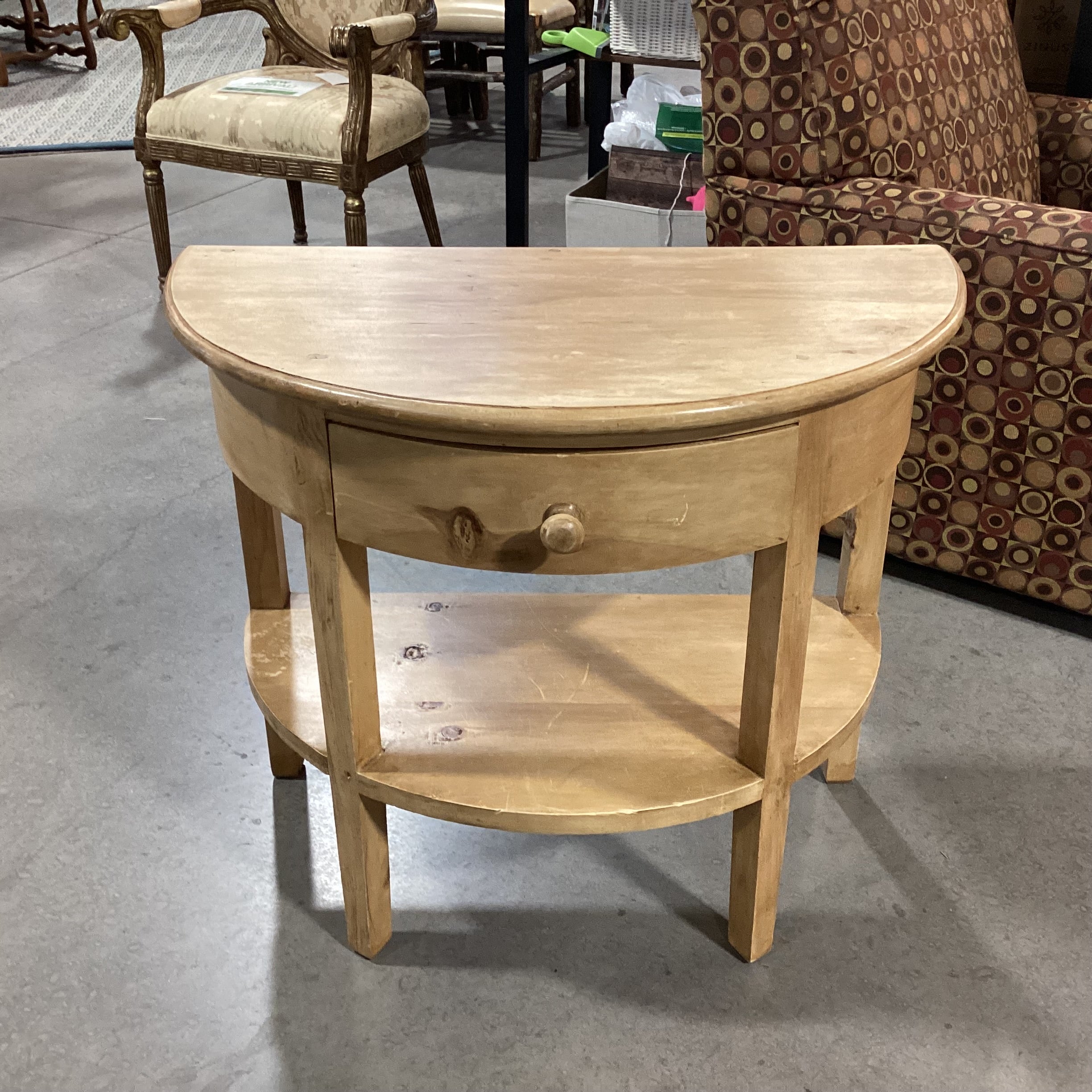 Natural Solid Wood 1 Drawer Half Moon Accent Table 32"x 17"x 27.5"