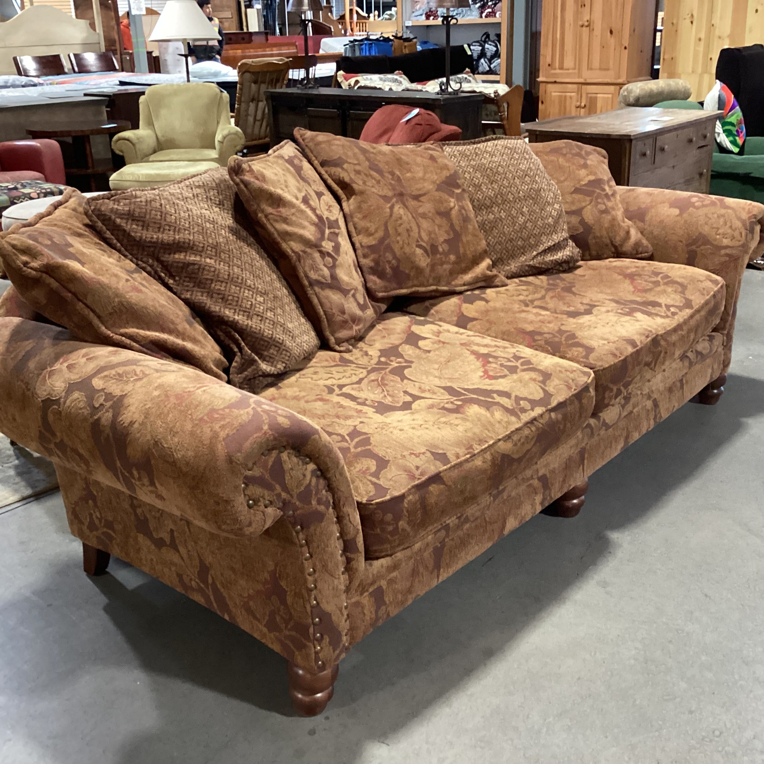 New Vintages by Bernhardt Brown & Gold Floral Roll Arm Nailhead Sofa 101"x 40"x 32"