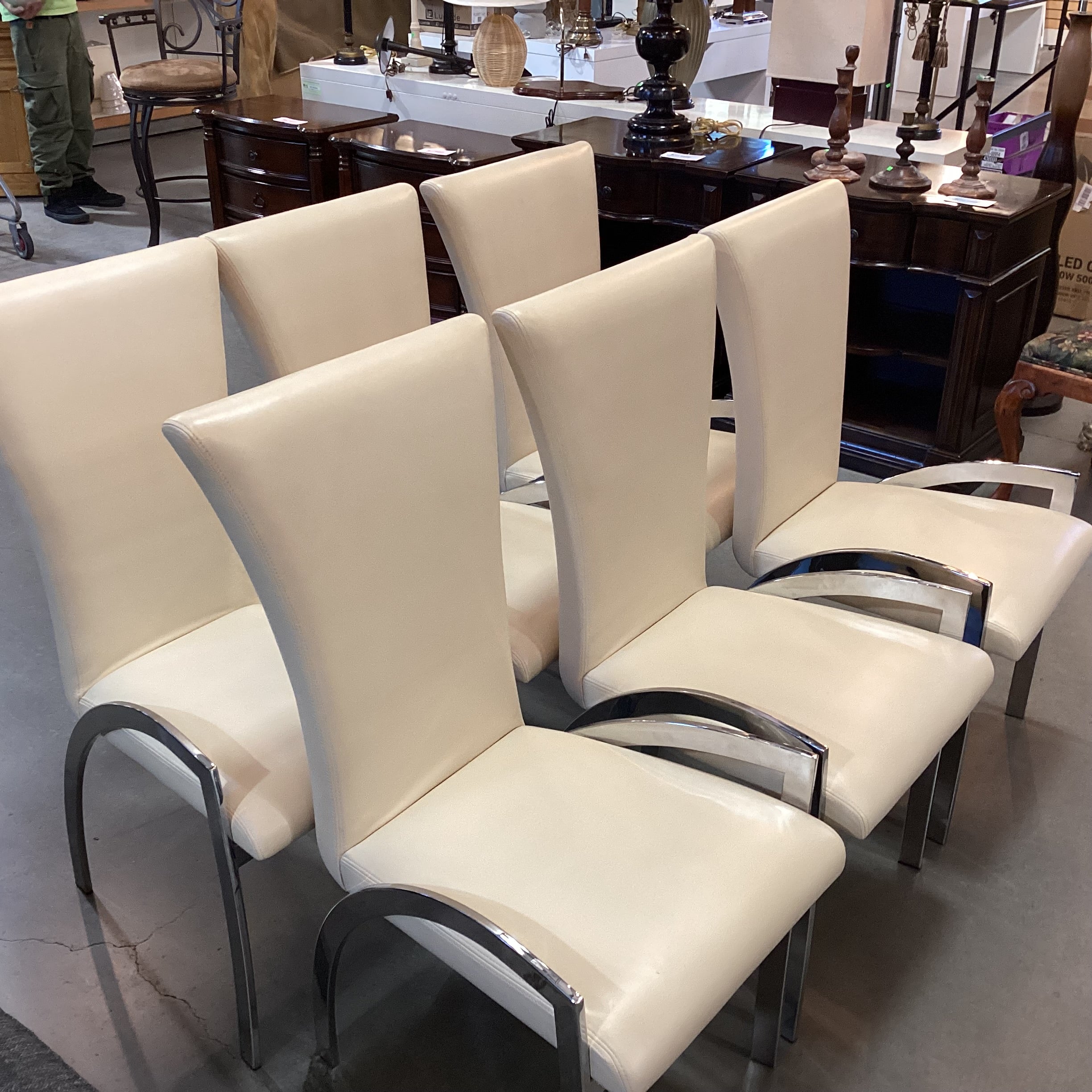 SET of 6 Elite Manufacturing Modern Blonde Leather & Chrome Dining Chairs 20"x 24"x 40"
