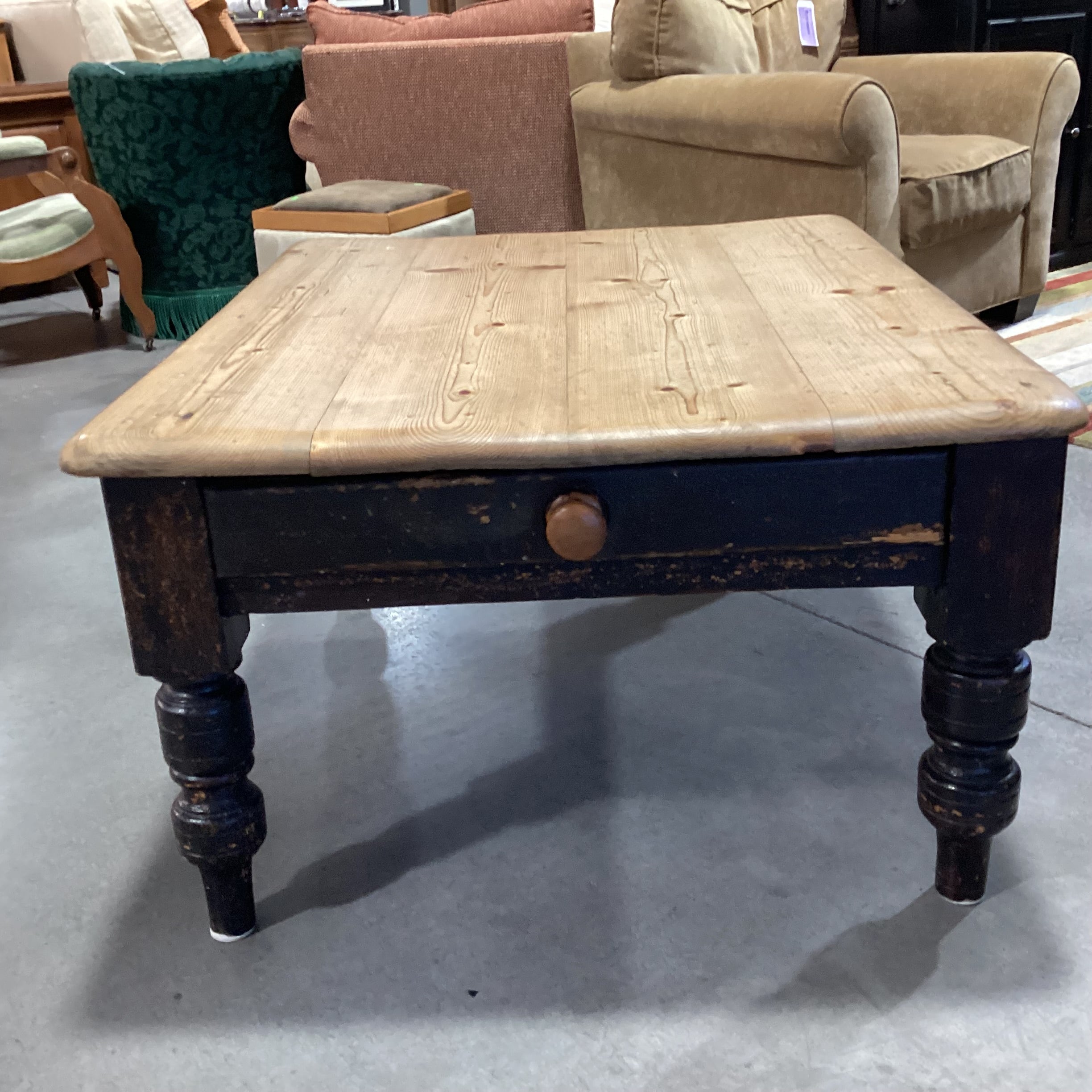 Natural & Black Distressed Pine 1 Drawer Coffee Table 42.5"x 35"x 21.5"