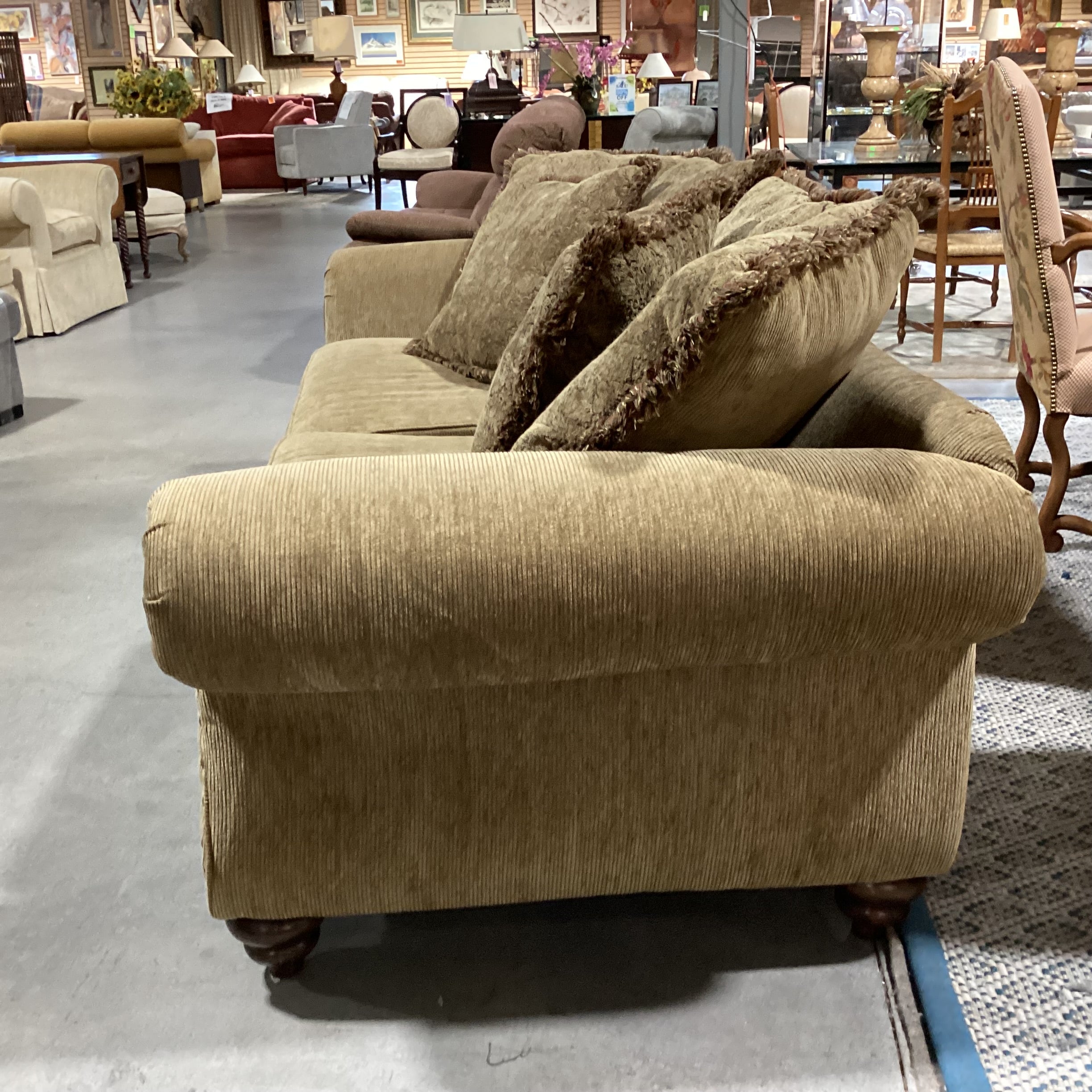 Olive Texture Ribbed & Nailhead with Reverse Multi Back Pillows Sofa 98"x 40"x 30"