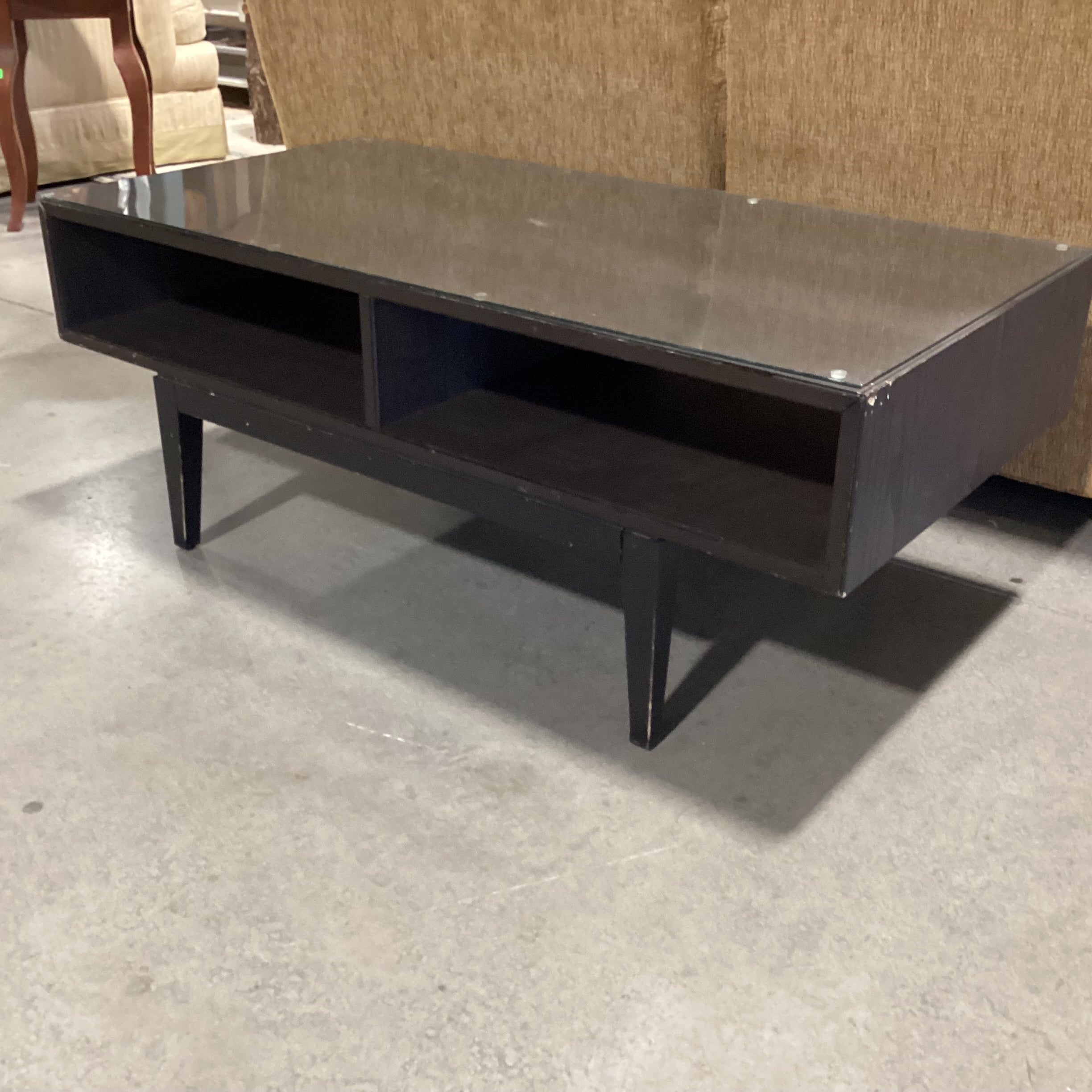 Mid Century Style Dark Wood & Veneer 2 Cubby Glass Top Coffee Table 46.5"x 23.5"x 18.5"