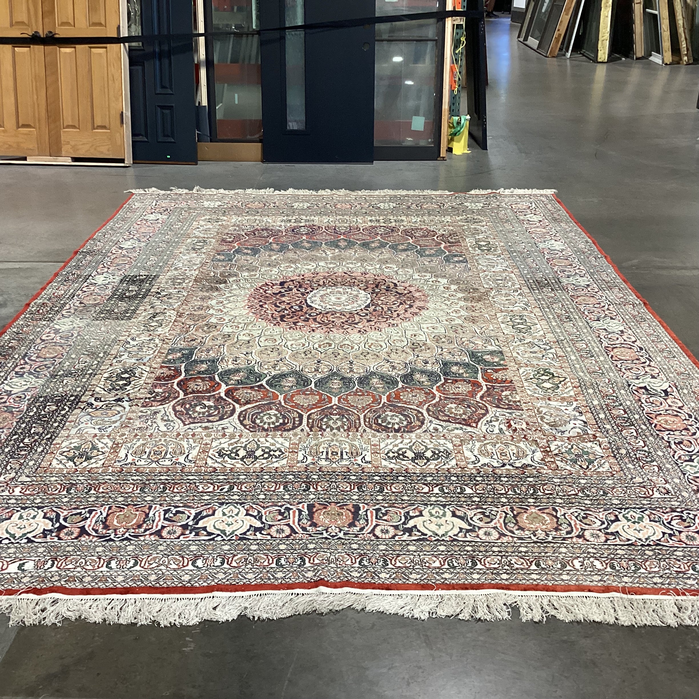 Ivory Rust Coral Blue Green Hand Woven Silk Rug 9'10"x 15.5"