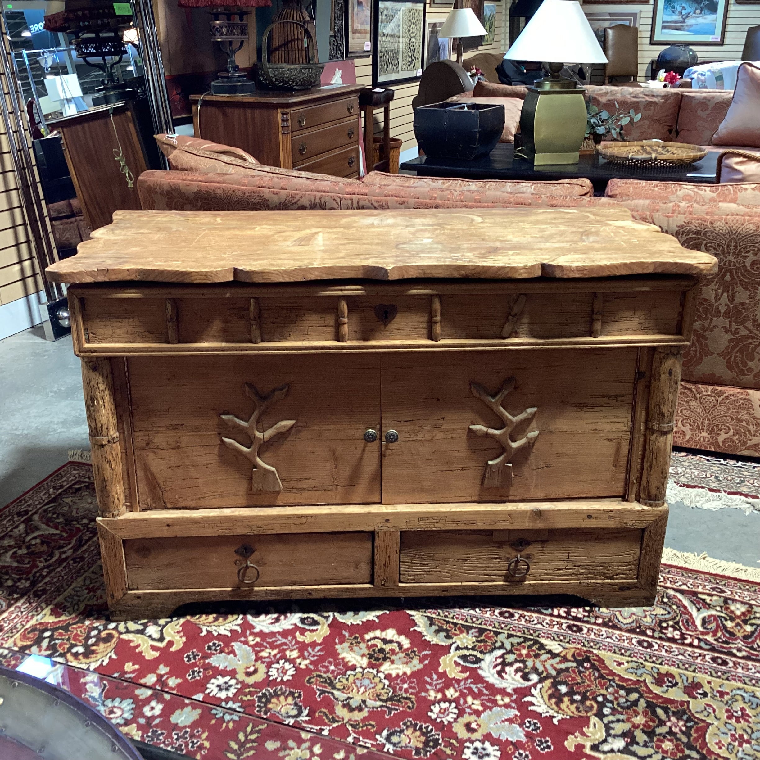 Antique Carved Pine with Repurposed Drawers Chest Trunk 52"x 28"x 33"