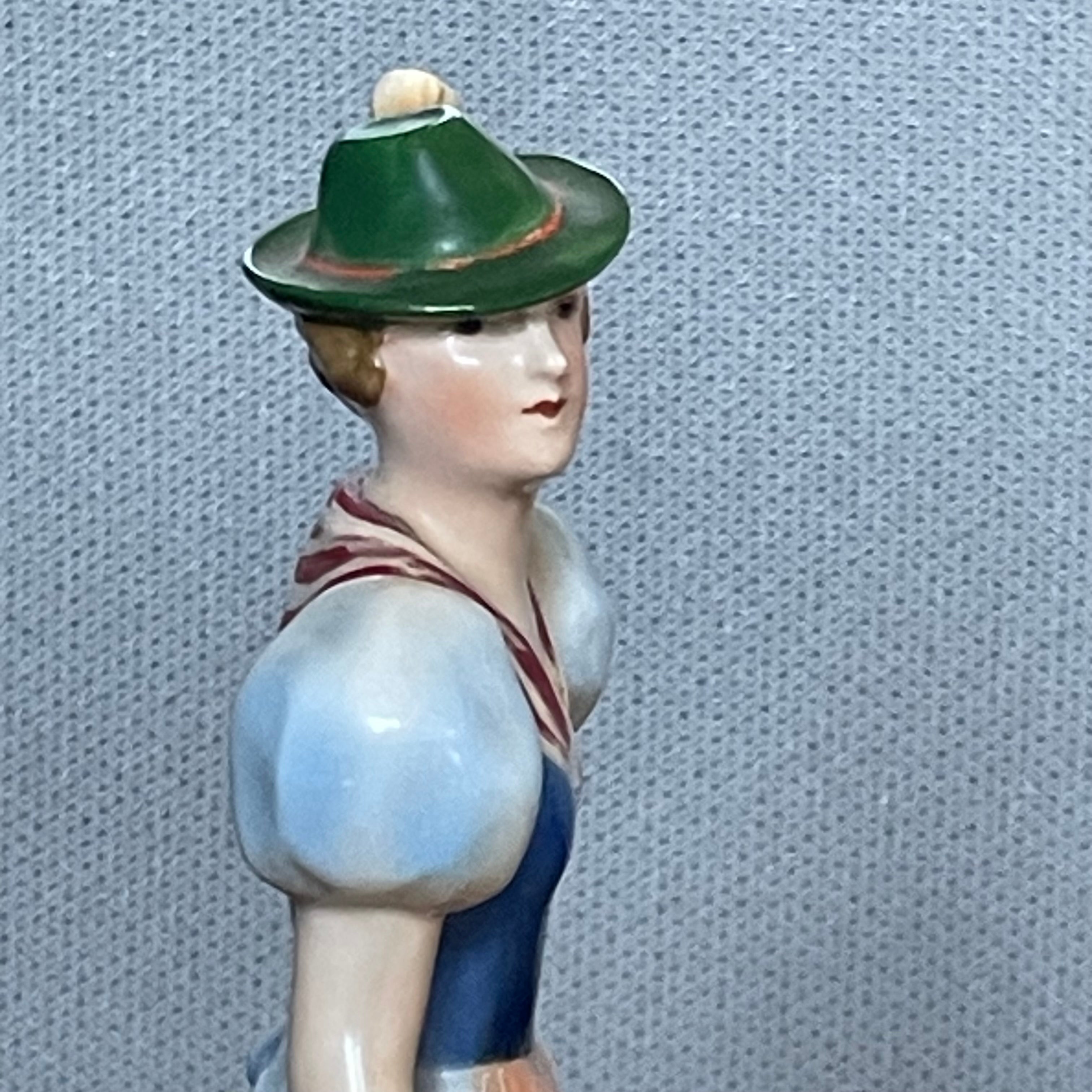 Antique Hertwig Katzhutte Porcelain Hand Painted German Man & Woman in Traditional Clothing Figurines, Pair 8.5", 8.75"