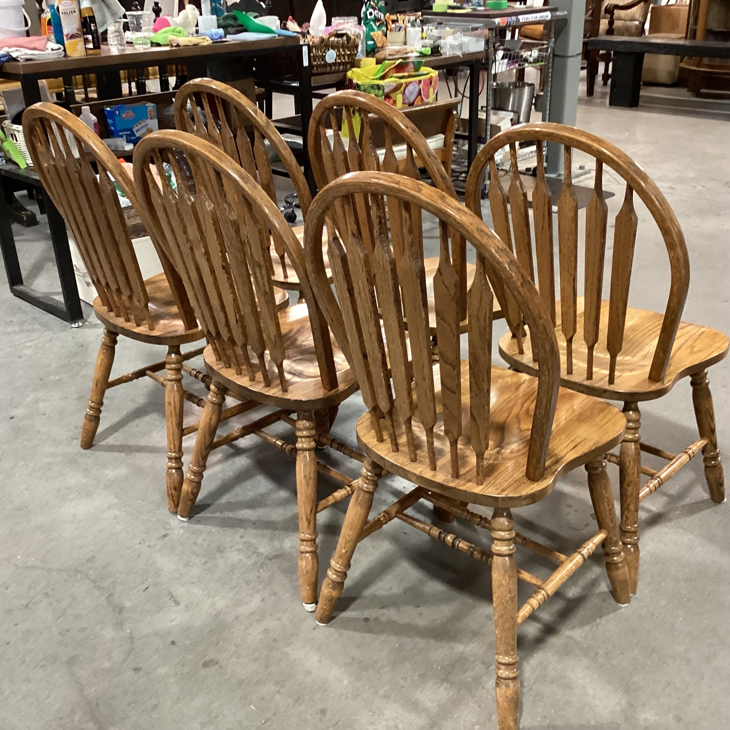 SET of 6 Solid Oak Arched Slat Back Dining Chairs 18"x 18"x 38"