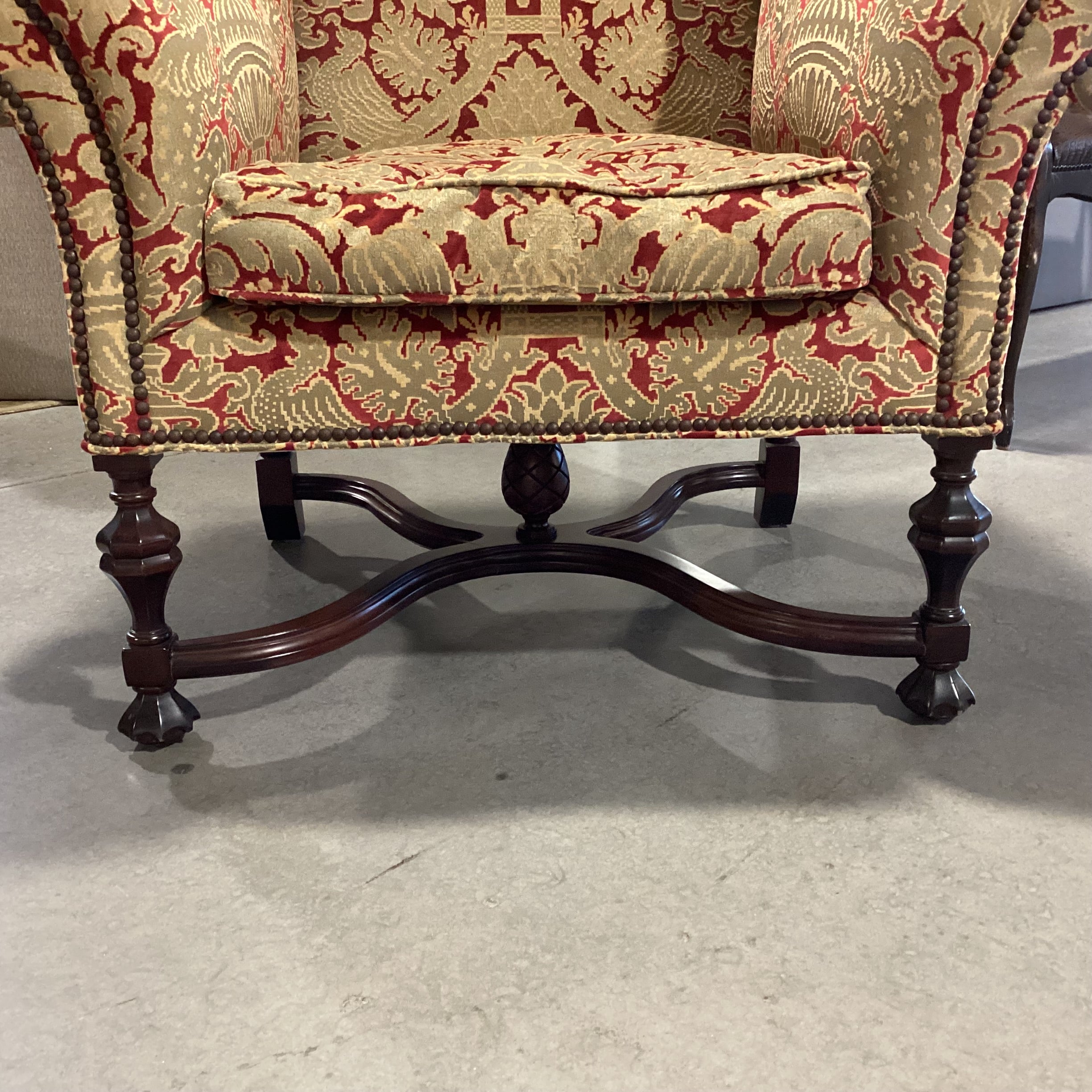 Lee Jofa Gold & Red Raised Design Nailhead Roll Arm & Wing with Carved Wood Base Chair 44"x 36"x 56"