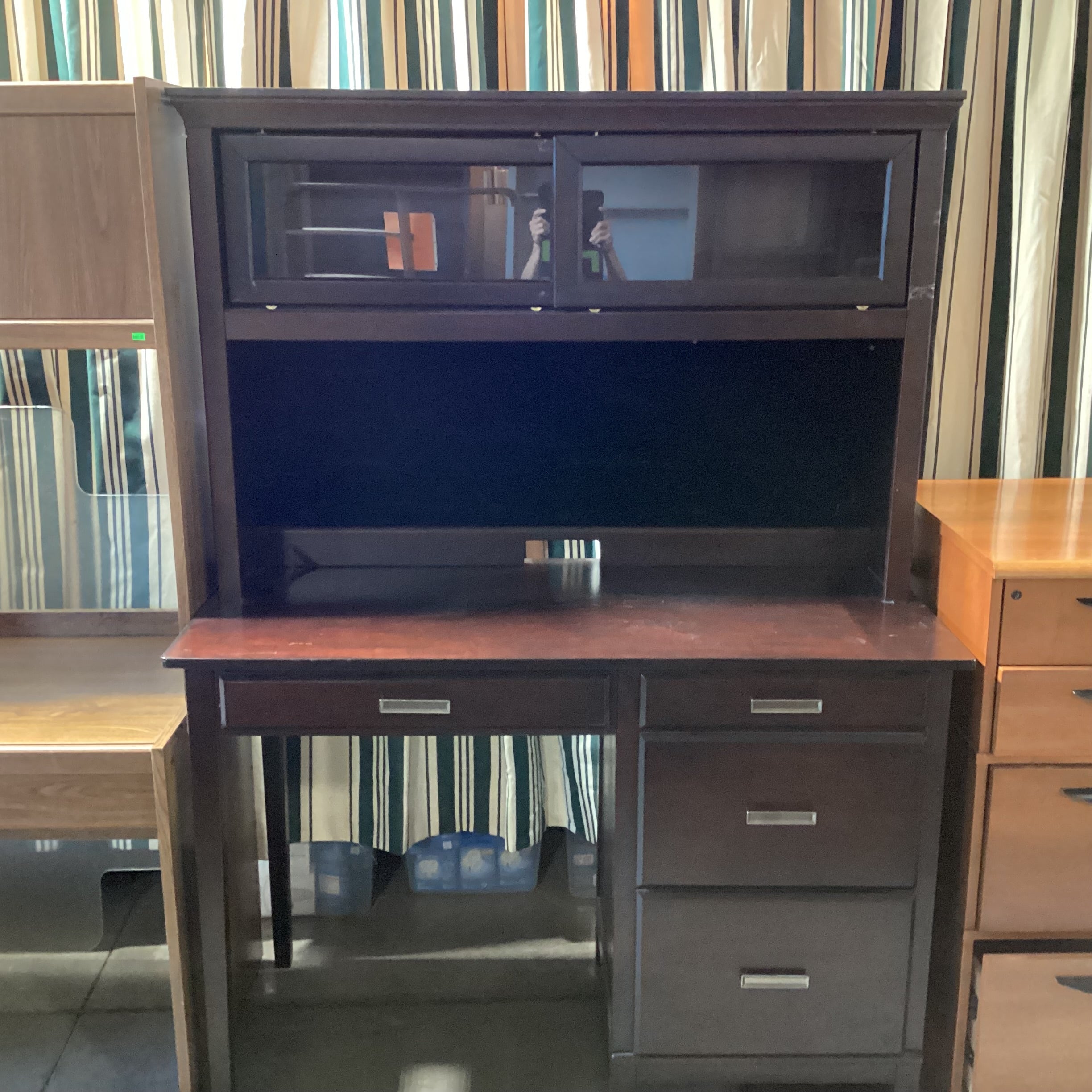 Solid Dark Wood Desk with 3 Drawers and Over Head Display Case 52"x 24"x 71"