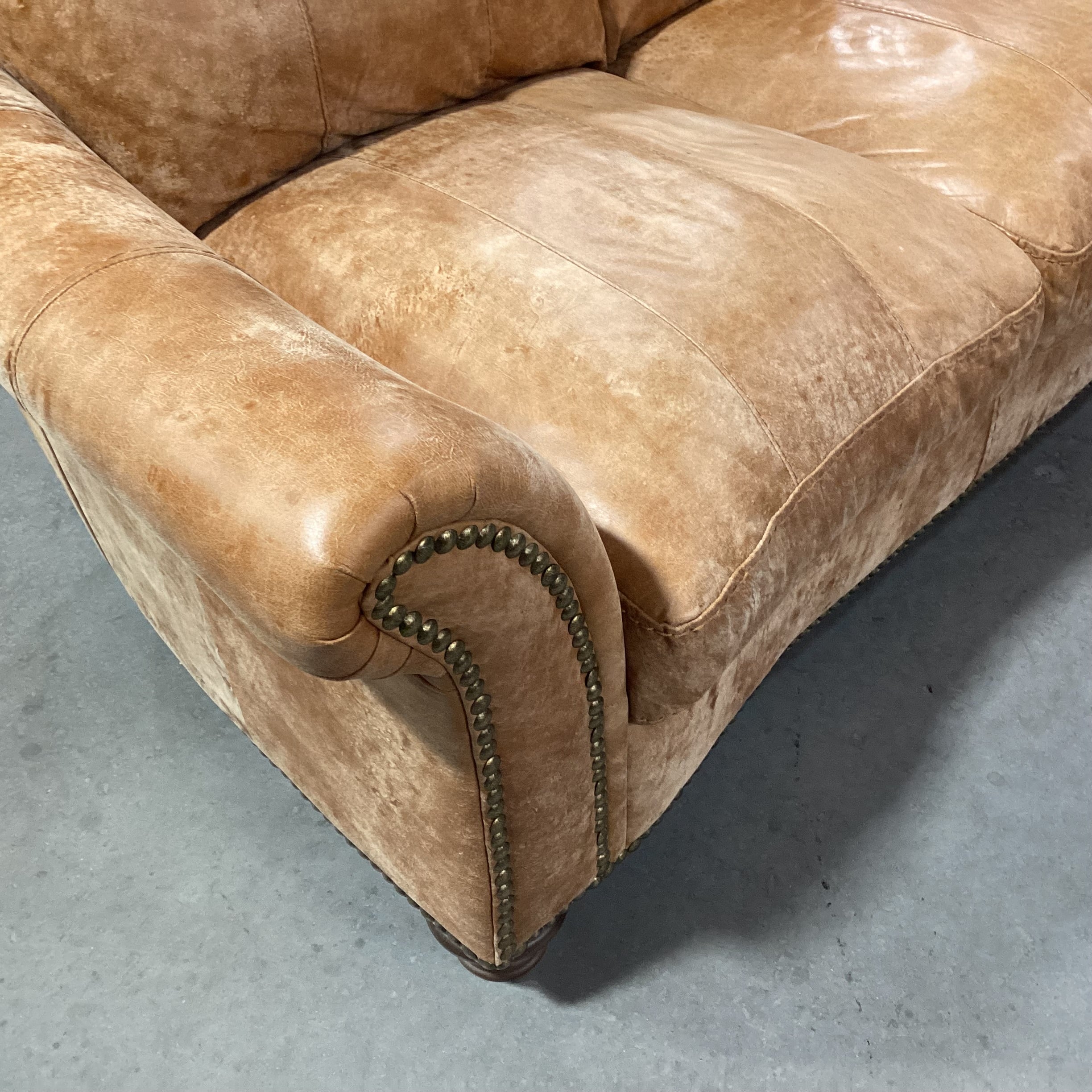 Tan Distressed Leather Nailhead with Curved Arm & Back Sofa 88"x 40"x 34"