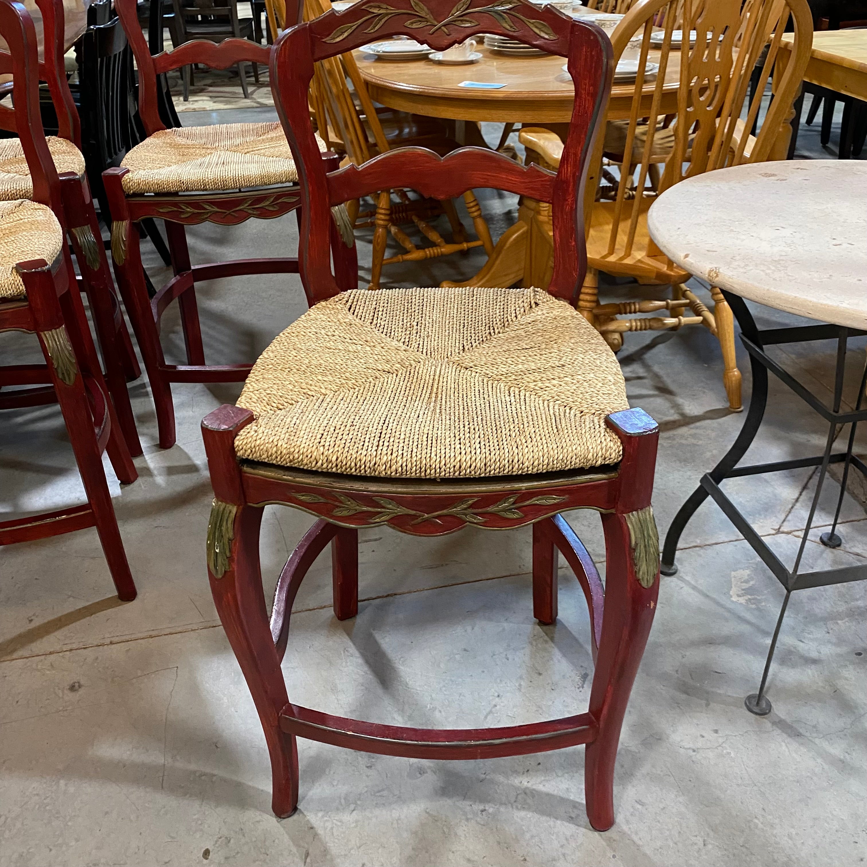 Set of 4 Red Varnished Rush Seat Gold Carved Accents Counter Bar Stool 42"x 18"x 18"