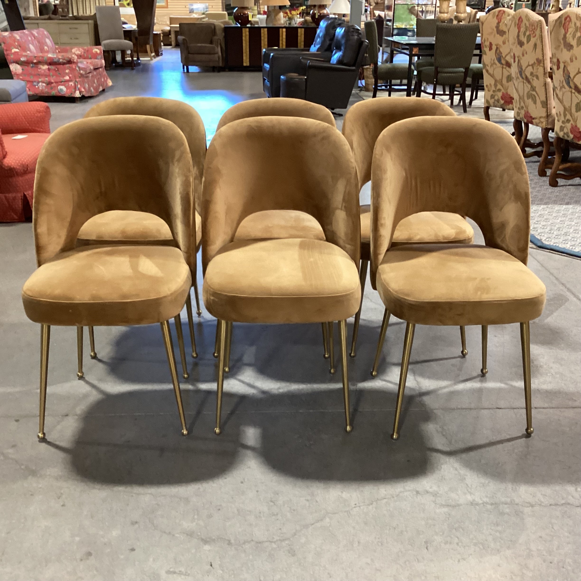 Set of 6 TOV Swell Performance Cognac Velvet & Gold Metal Dining Chairs 18.5"x 21"x 33.5"