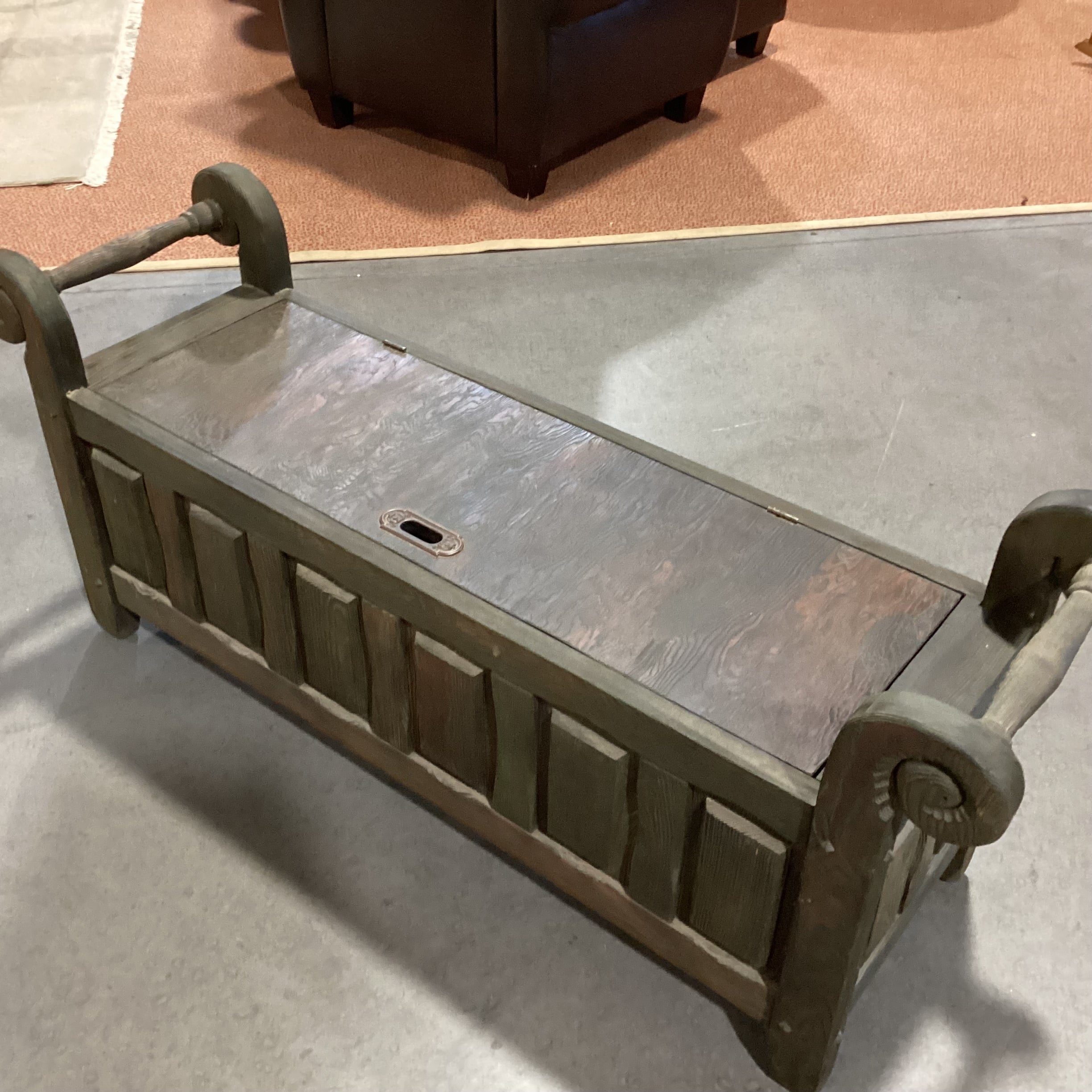 Vintage Green Washed Carved Oak & Gold Crushed Velvet Cushion Storage Bench 56"x 16.5"x 24"
