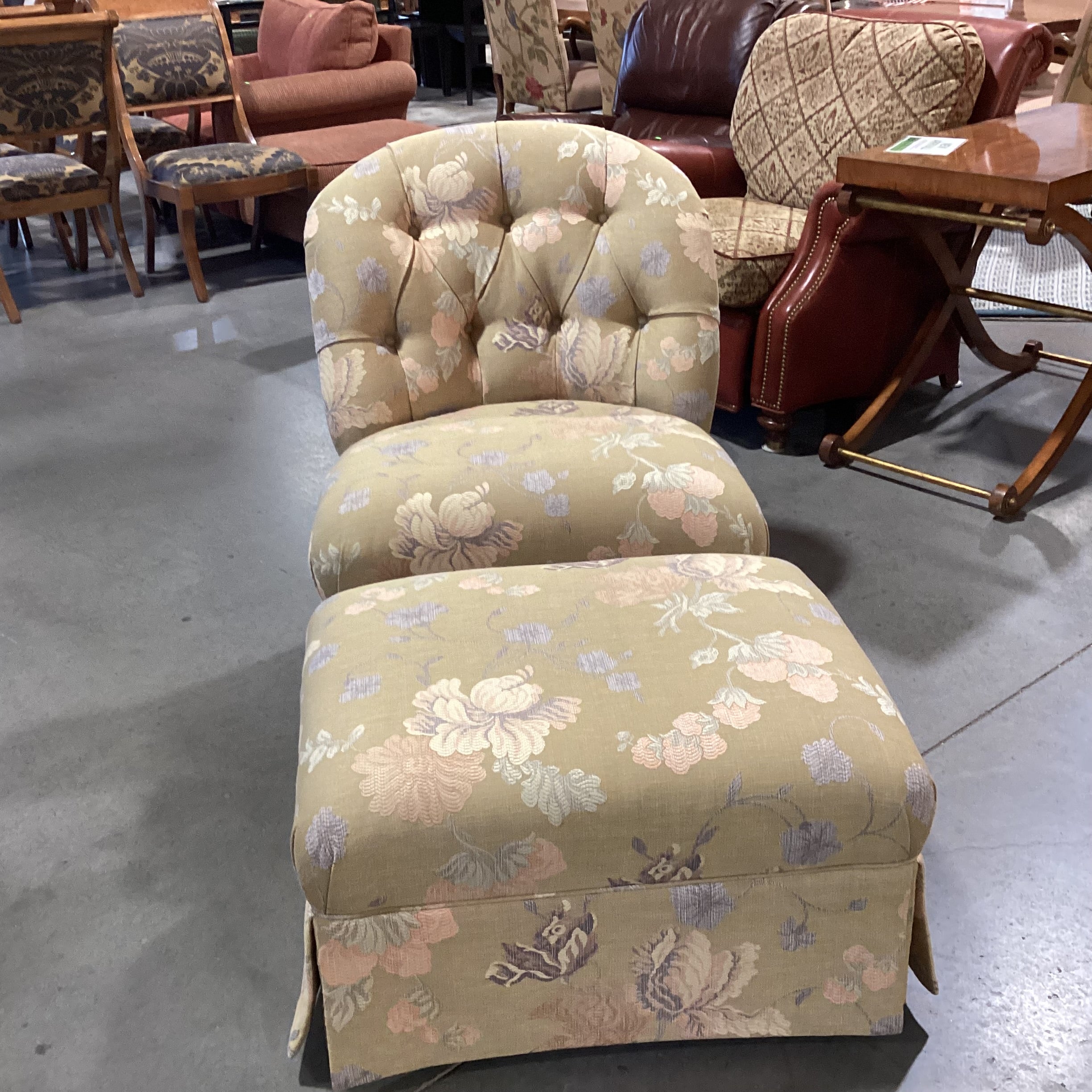 Custom Gold with Peach & Lavender Raised Stitch Floral Button Tufted with Ottoman Chair  31"x 34"x 35"