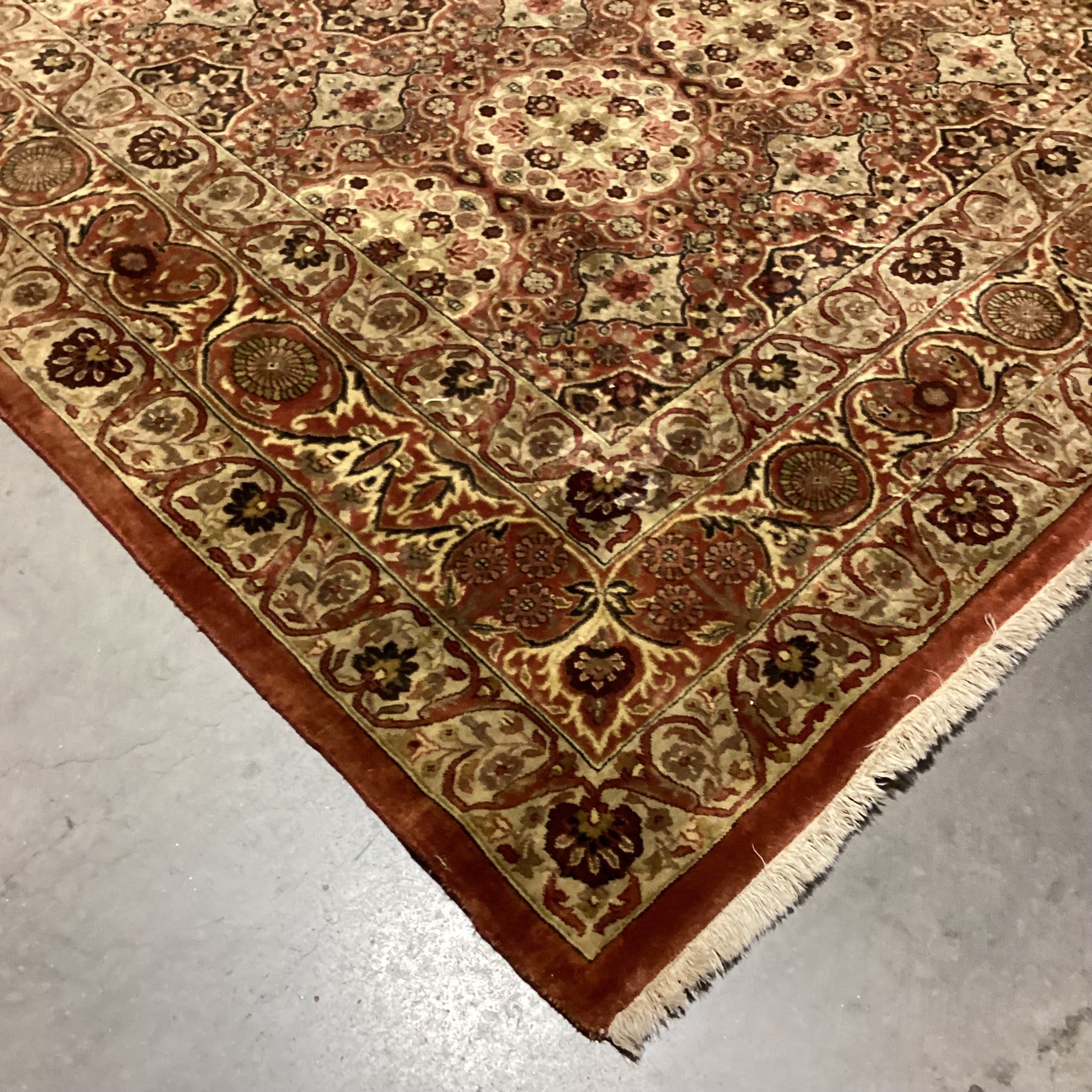 Vintage Antique Gold & Rust Hand Woven Wool or Possibly Silk Rug 9'9"x 13'10"