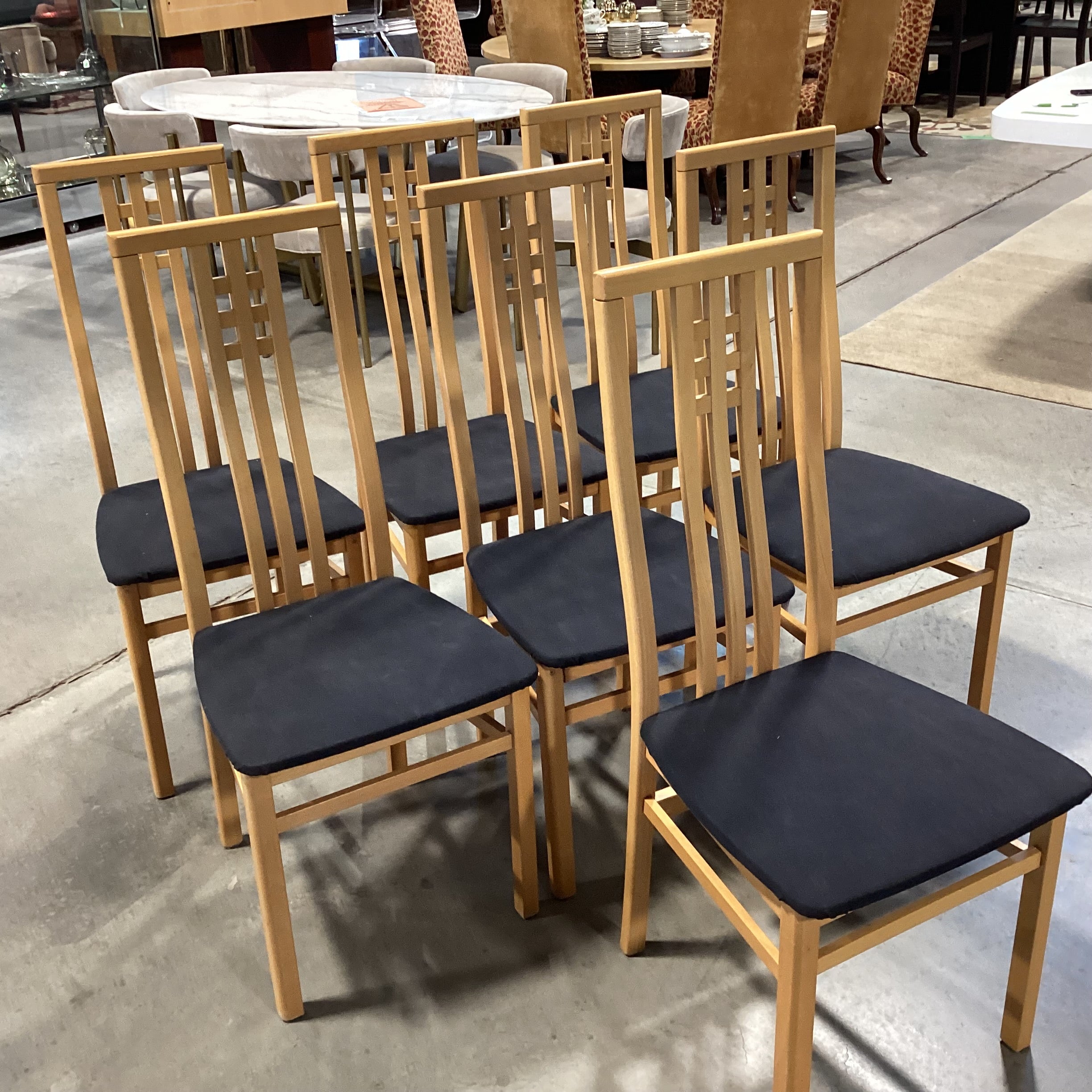 SET of 7 IMS SRL Italian Mid Century Style Teak with Black Seat Dining Chairs 18"x 20"x 42"