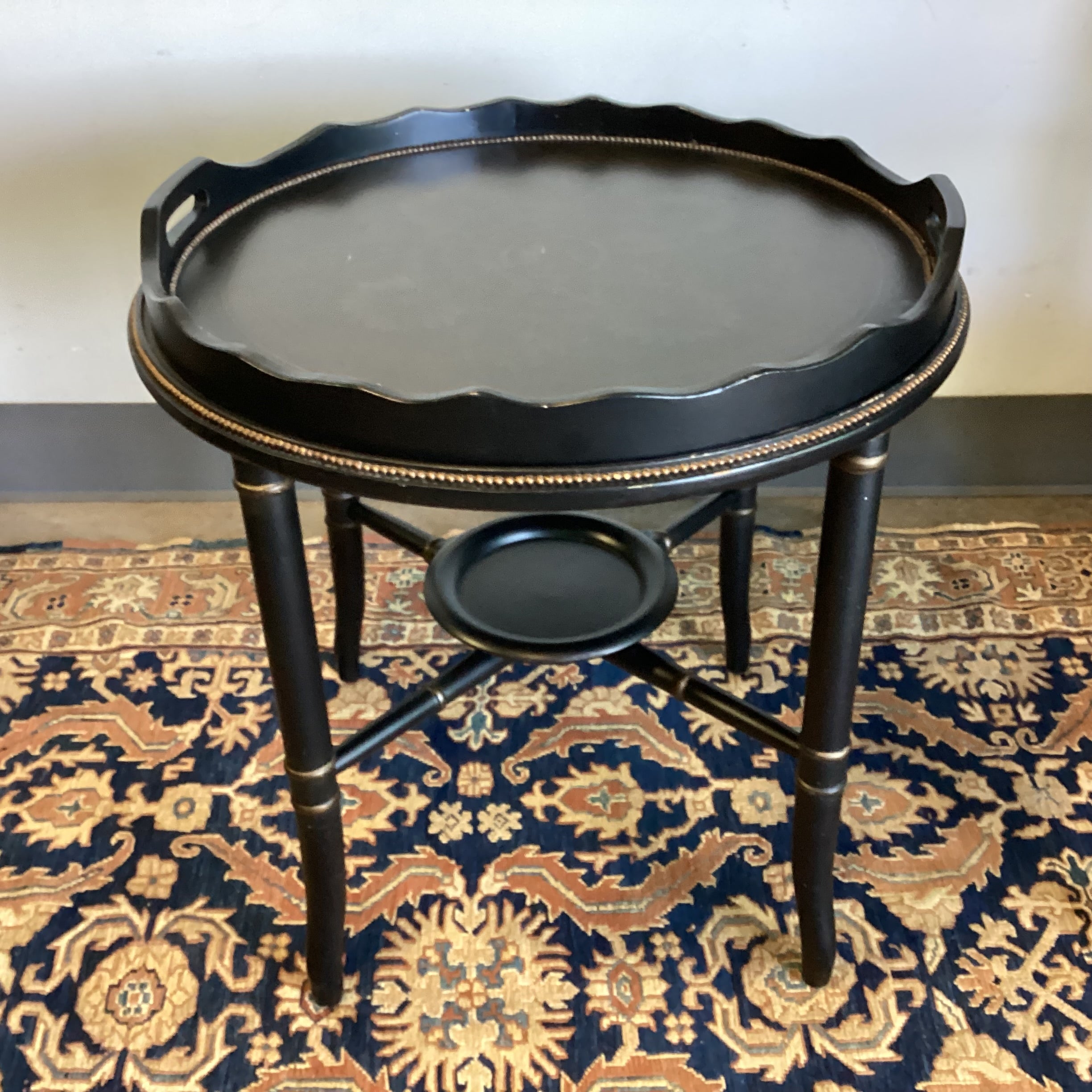 Black Distressed Wood with Ornate Trestle & Metal Beading Detail Round Tray Top Accent Table 26" Diameter x 26.5"