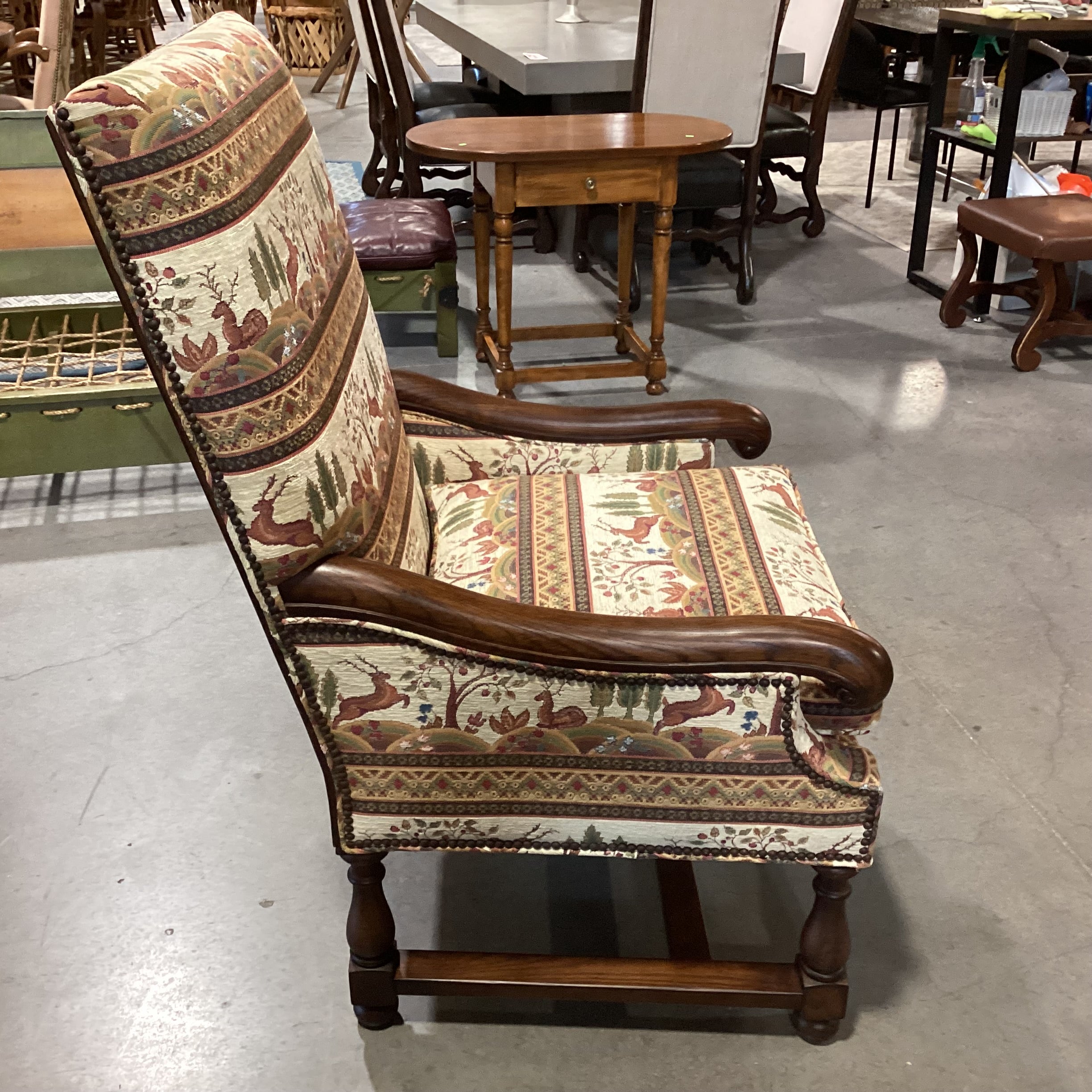 Dindy Foster Interiors Custom Deer Floral Nailhead & Carved Wood Highback Chair 31"x 31"x 47"
