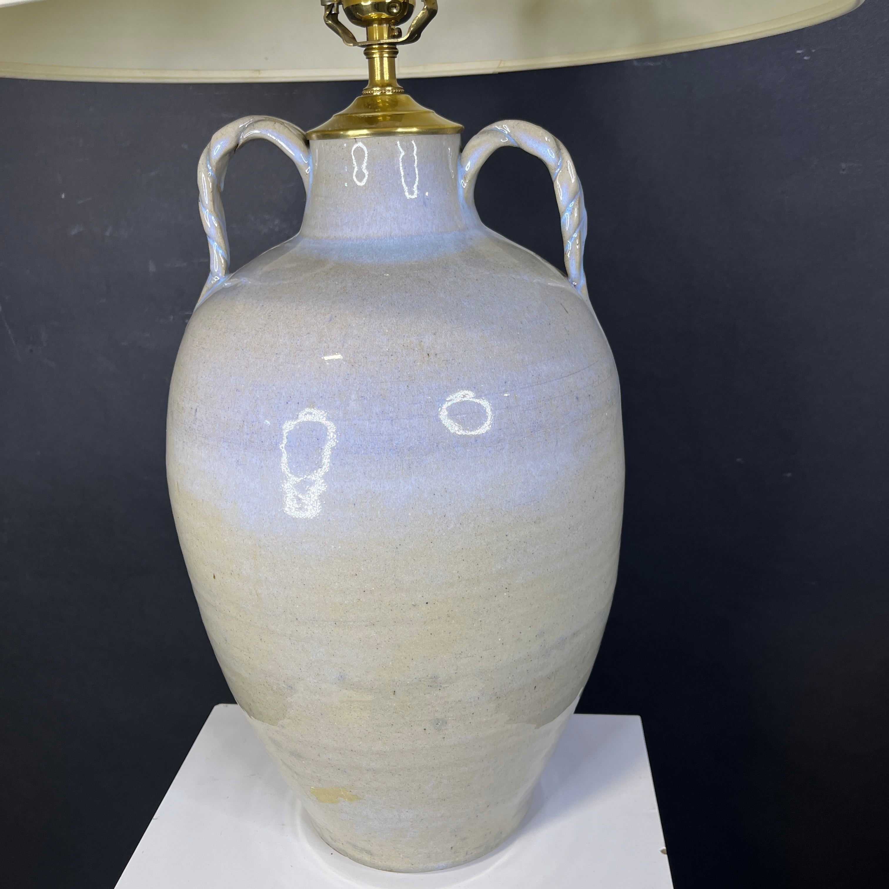 Cream iridescent Braided Handle Pottery with Shade Table Lamp 17” Diameter @ Shade x 28”