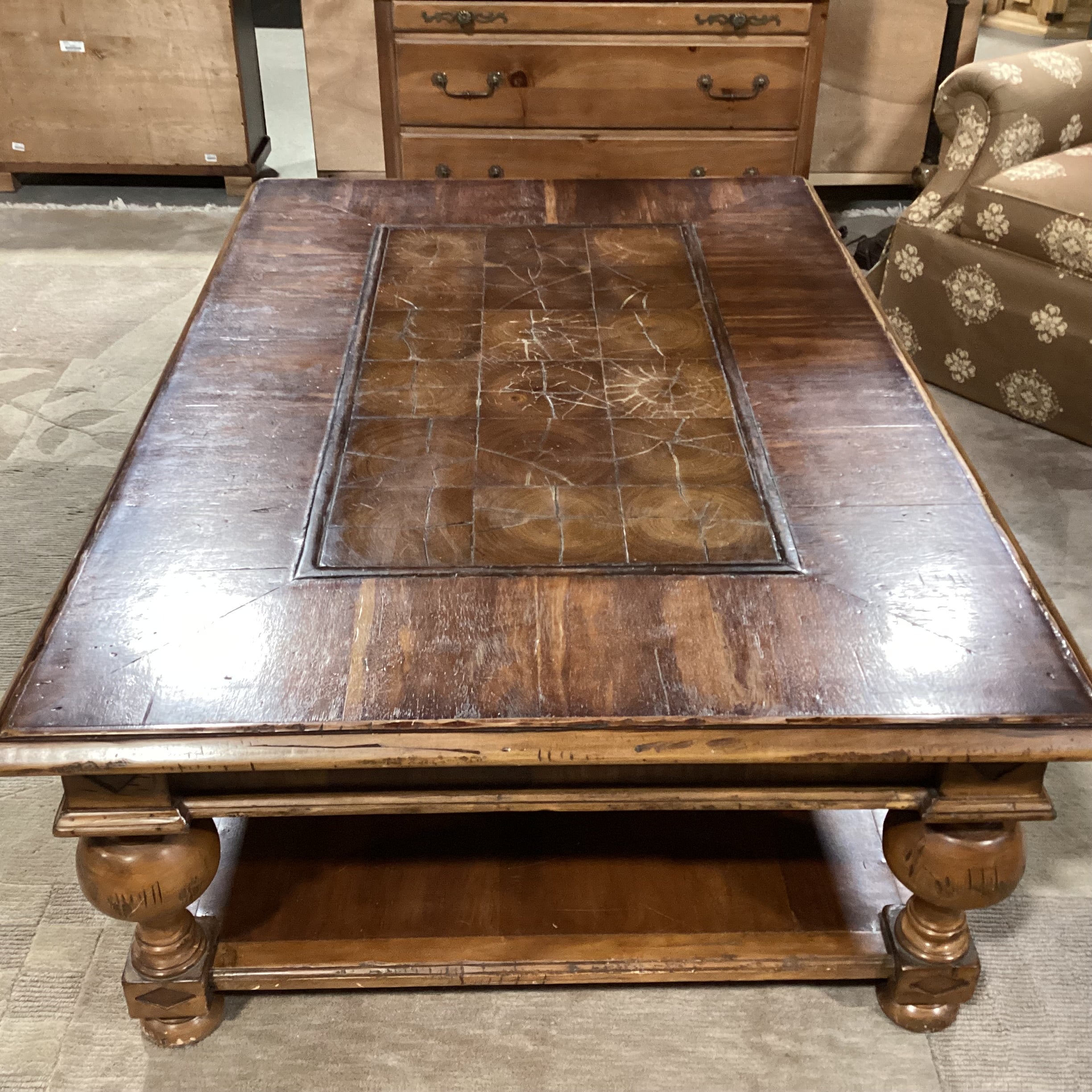 Solid Carved Distressed Wood with Center Block Style & Bottom Shelf Coffee Table 61"x 41"x 20"