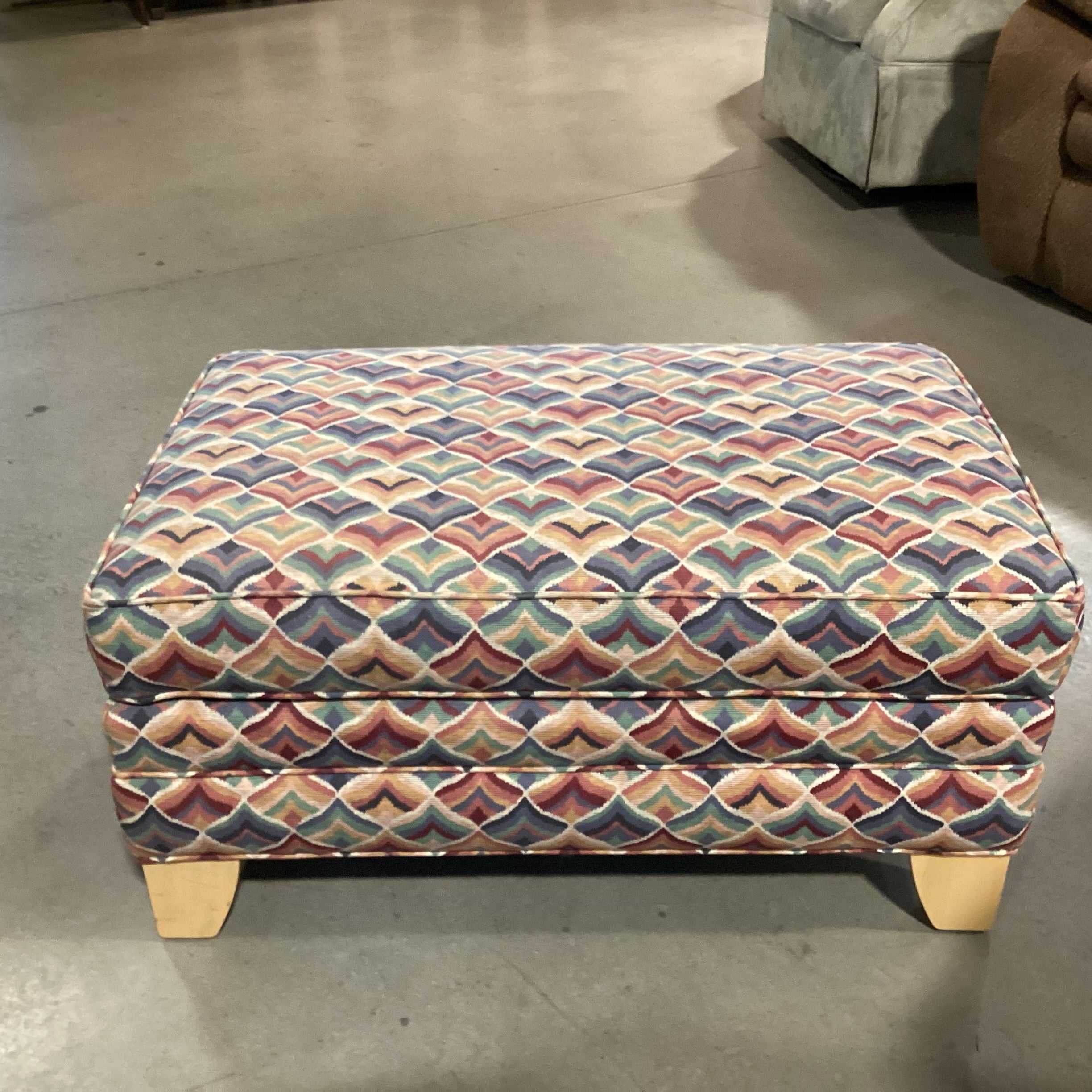 Ethan Allen Blue Red Pink Green Fan Design Ottoman 34"x 22"x 17"