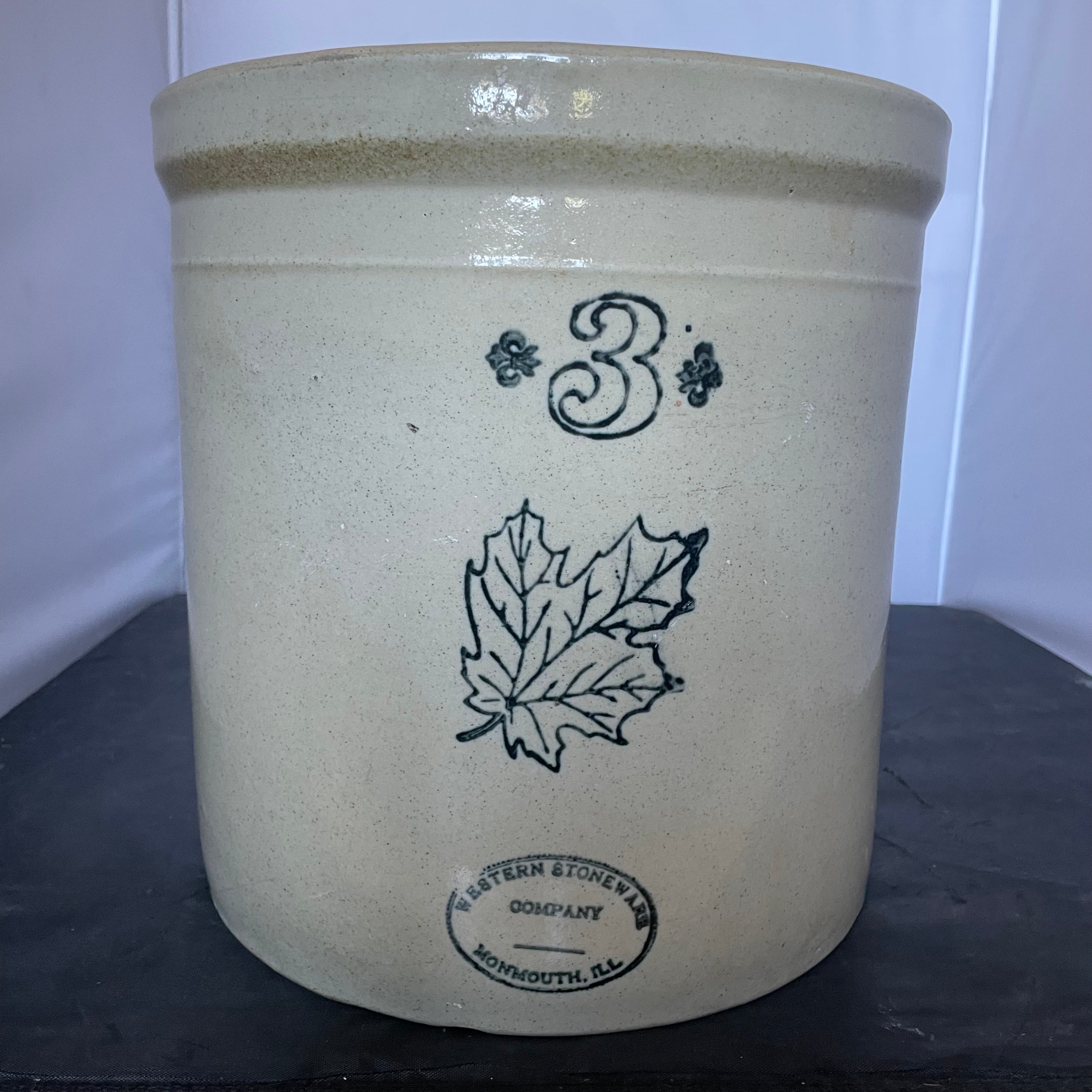 Antique 3 Gallon Stoneware Western Stoneware Maple Leaf Logo Fermenting Crock, 10.5"x 10.5"