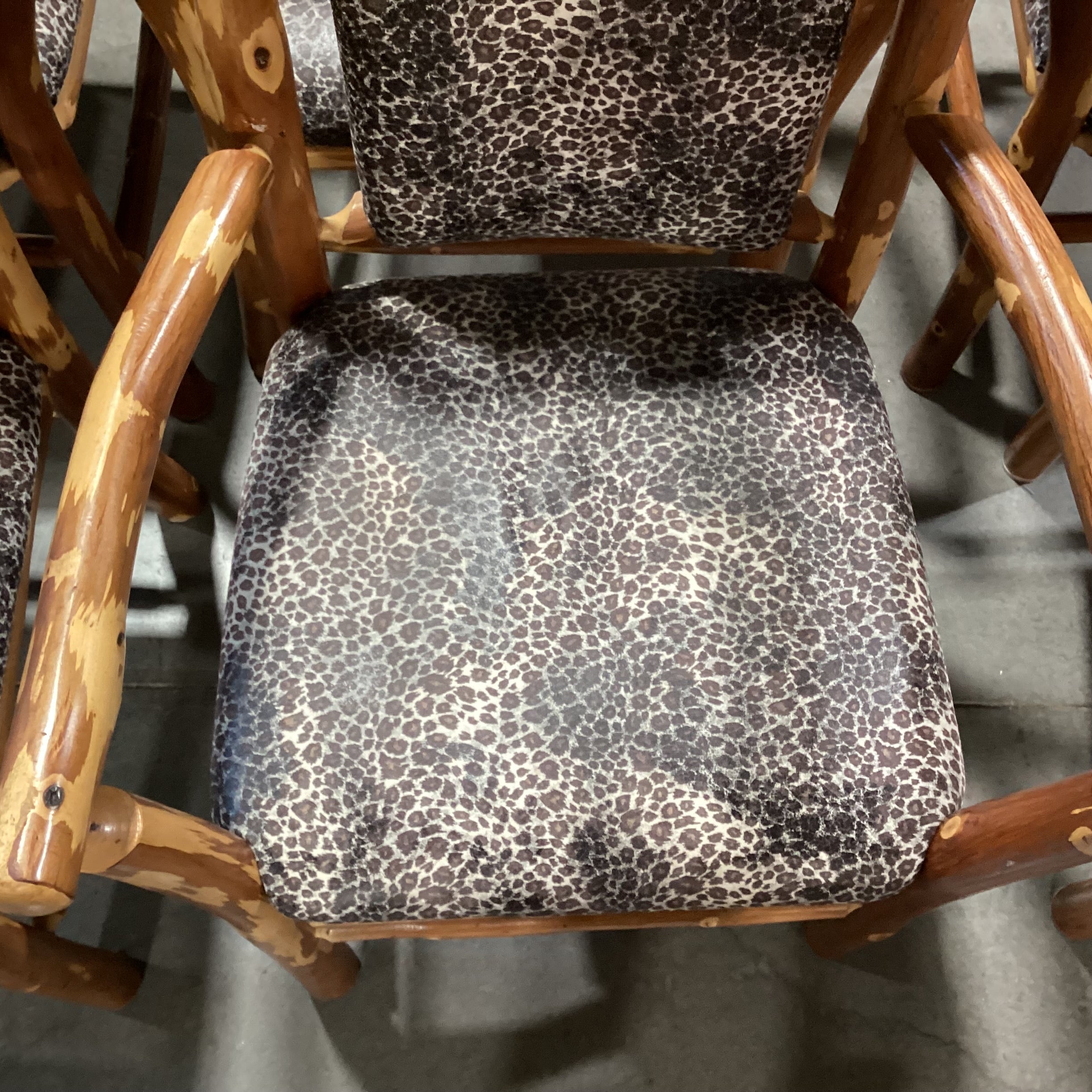 SET of 6 Peeled Style Log & Animal Print Armed Dining Chairs 24"x 24"x 39"