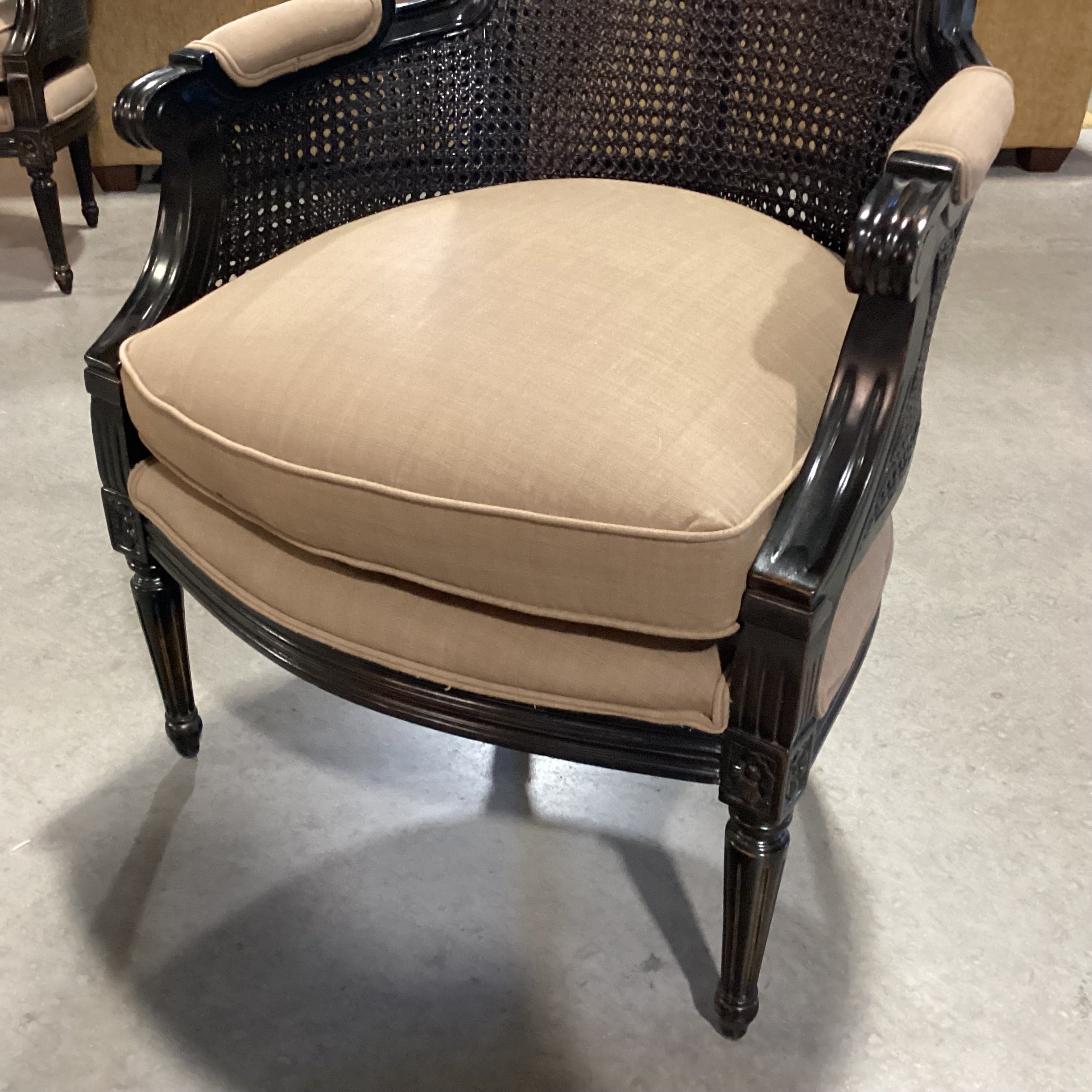 Black French Caning & Carved Wood with Taupe Brown Down Mix Upholstered Chair 26"x 24"x 40"