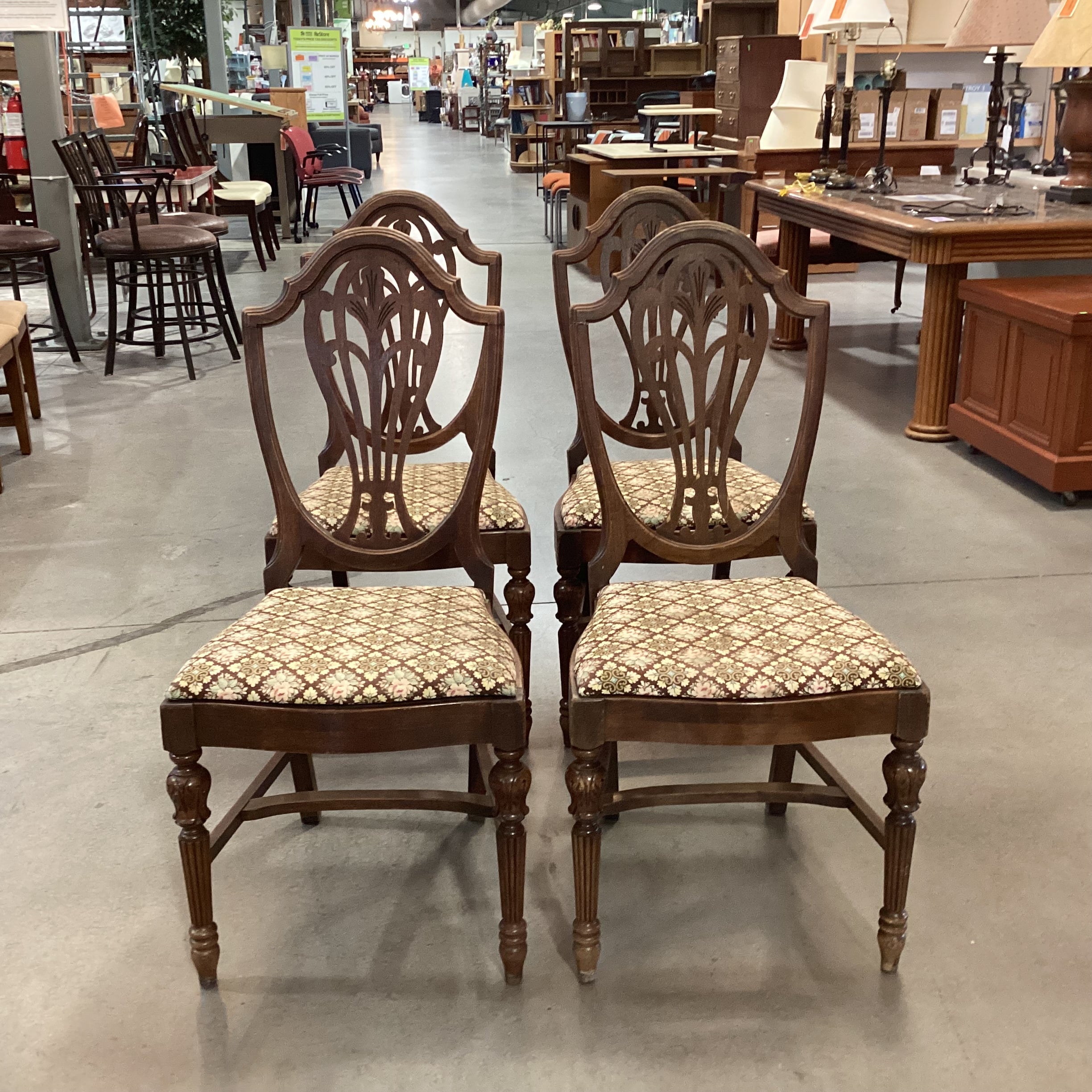 SET of 4 Antique Carved Wood Harp Back & Floral Upholstered Seat Dining Chairs 19"x 19"x 40"